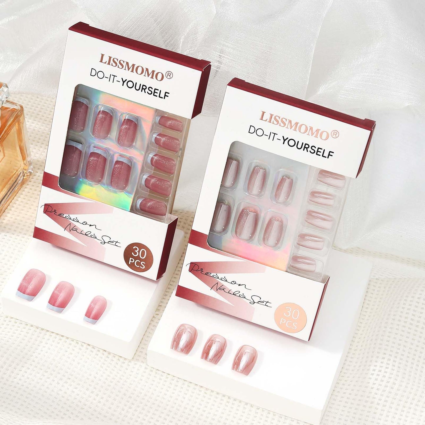 Press on Nails Short Square 2 Pack, Raspberry Pink Glitter French Tip | Warm Brown Glittery Nail Press ons- 60Pcs Stick on Nails Kit, Reusable False Nails for Girls(L1808_1323)