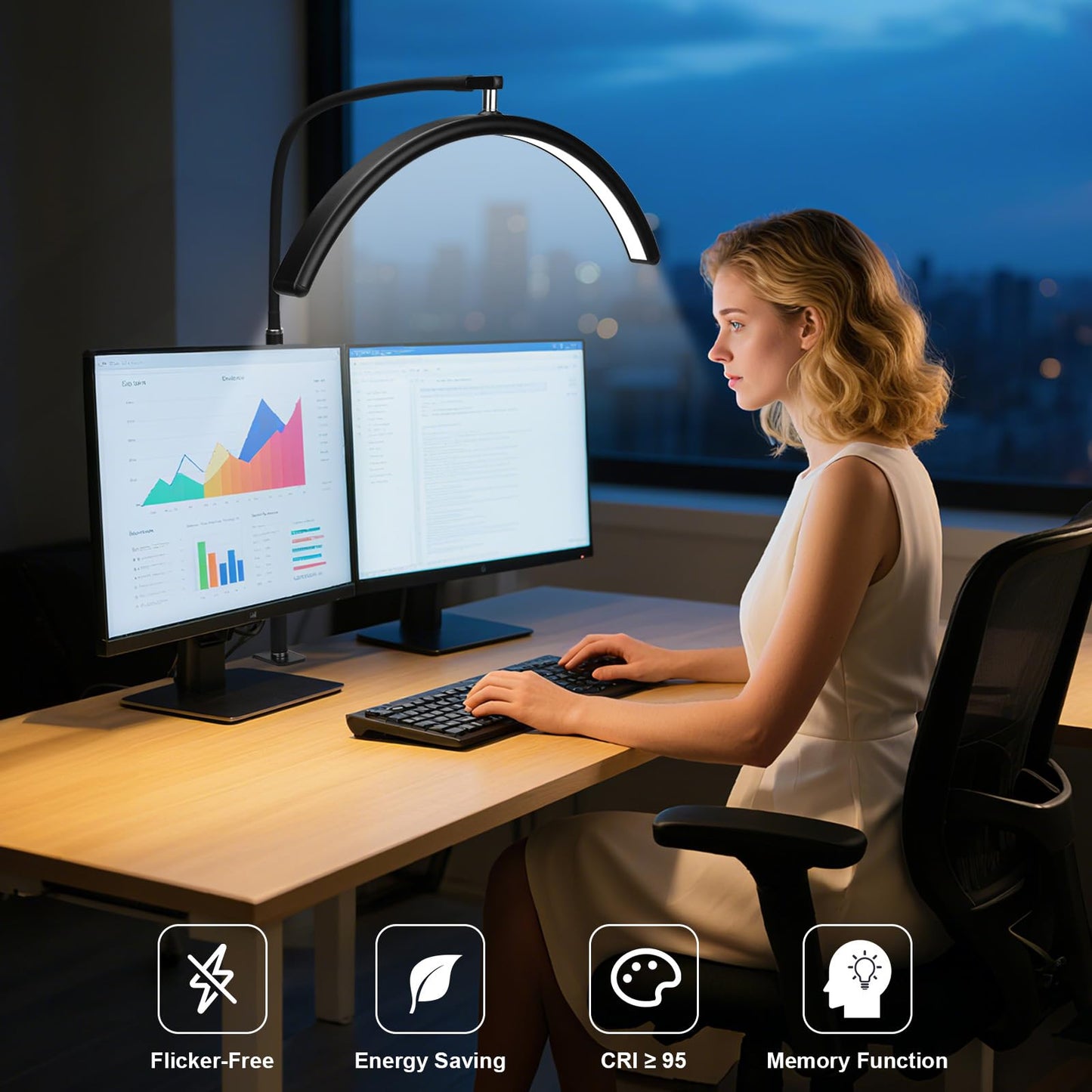 ZEKAHOV Professional Half Moon LED Desk Light for Nail Techs & Artists – Flexible Gooseneck Arch Table Lamp with Clamp, 5 Color Modes & 5 Brightness Levels for Manicure, Tattoo, Beauty Work