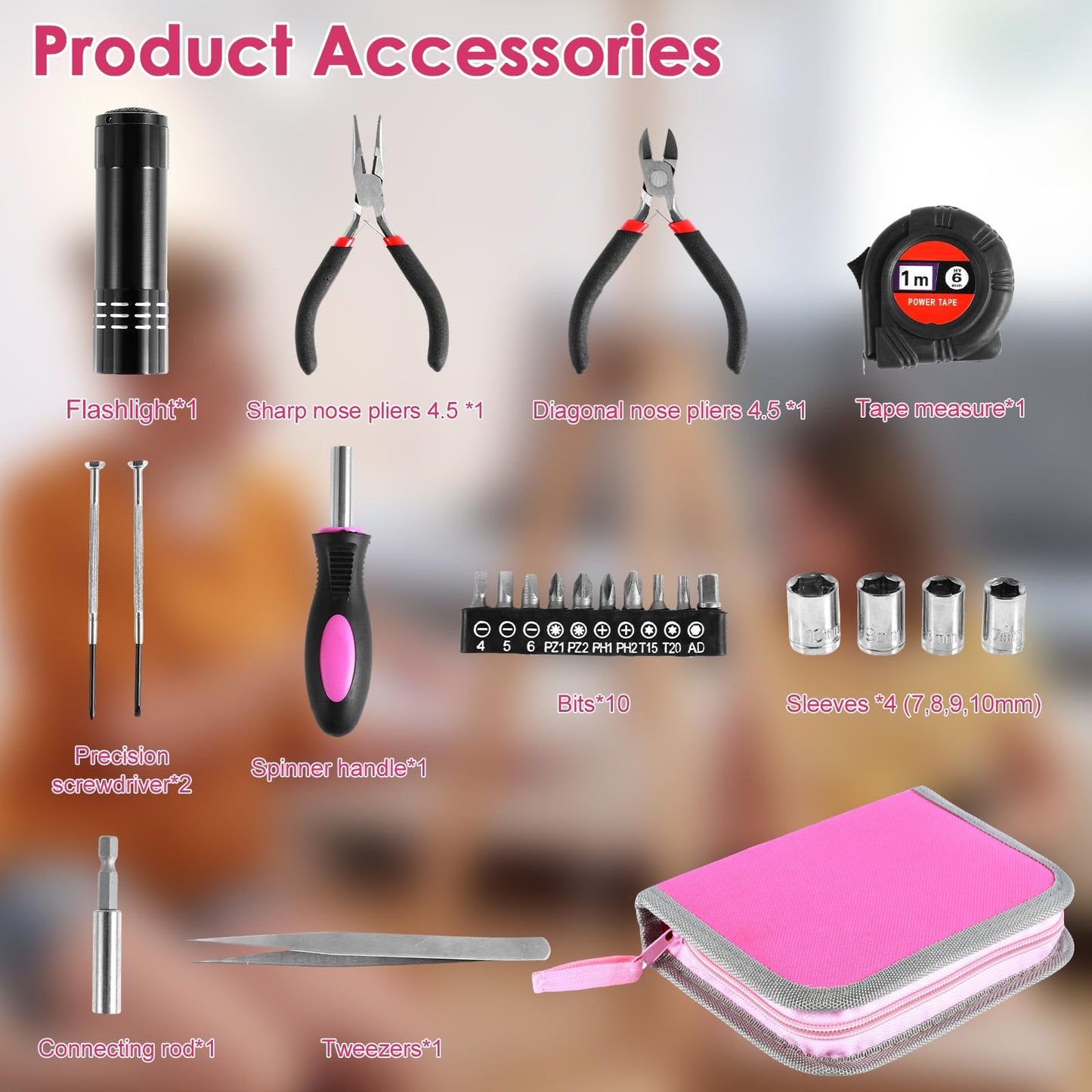 23Pcs Pink Tool Set for Women, Home Repairing Tools Kit Women, Multifunctional Pink Home Hand Tool Set with Storage Bag, Portable Women Repair Tool Combination Set