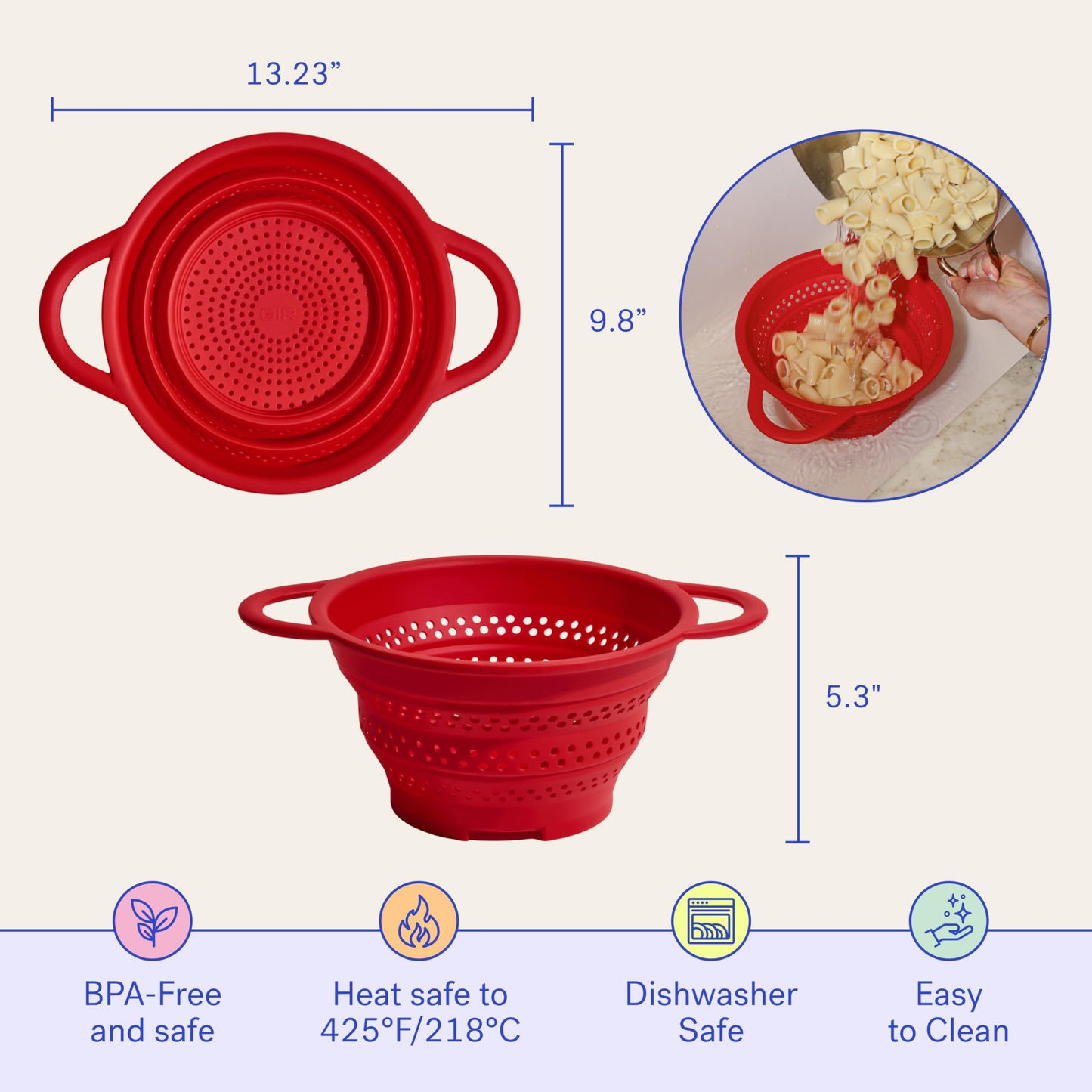 GIR Collapsible Colander for Kitchen, Silicone Strainer and Steamer, BPA-Free, Heat-Resistant, Space-Saving Collapsible Strainer with Stainless Steel Rim, Dishwasher Safe - Red