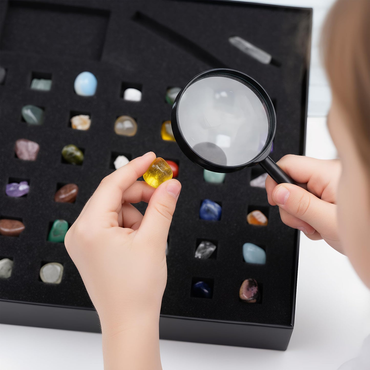 Natural Crystal Mineral Collection Kit - 43 Pcs Natural Rocks & Gemstones with Magnifying Glass, Pen & Crystal Guidebook, Geoscience Starter Collection Set for Kids & Adults Rock Enthusiasts