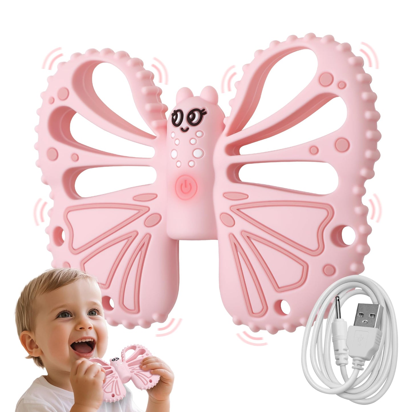 ETETOO Vibrating Teether for Baby - Sensory Chew Toy for Autistic Children & Vibrating Chewy, 10X Vibration Settings, Giving Autistic Children a Better Sensory Experience (Pink)