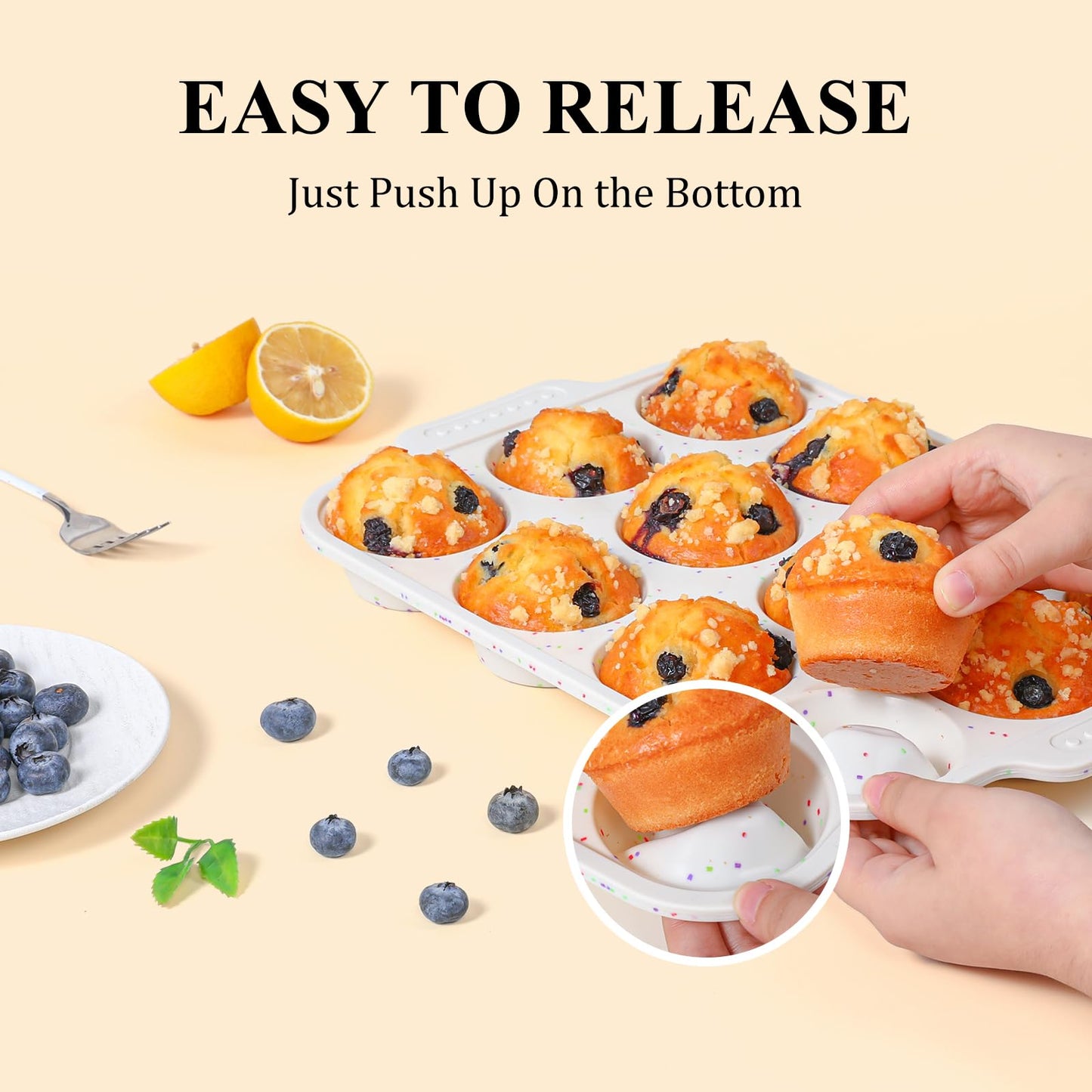 Vinino 2-Pack Silicone Muffin Pan for Baking with Metal Reinforced Frame, 12 Cups Regular Size Silicone Cupcake Pan with Non-Slip Handle, Nonstick Muffin Tray for Oven, BPA Free, Dishwasher Safe