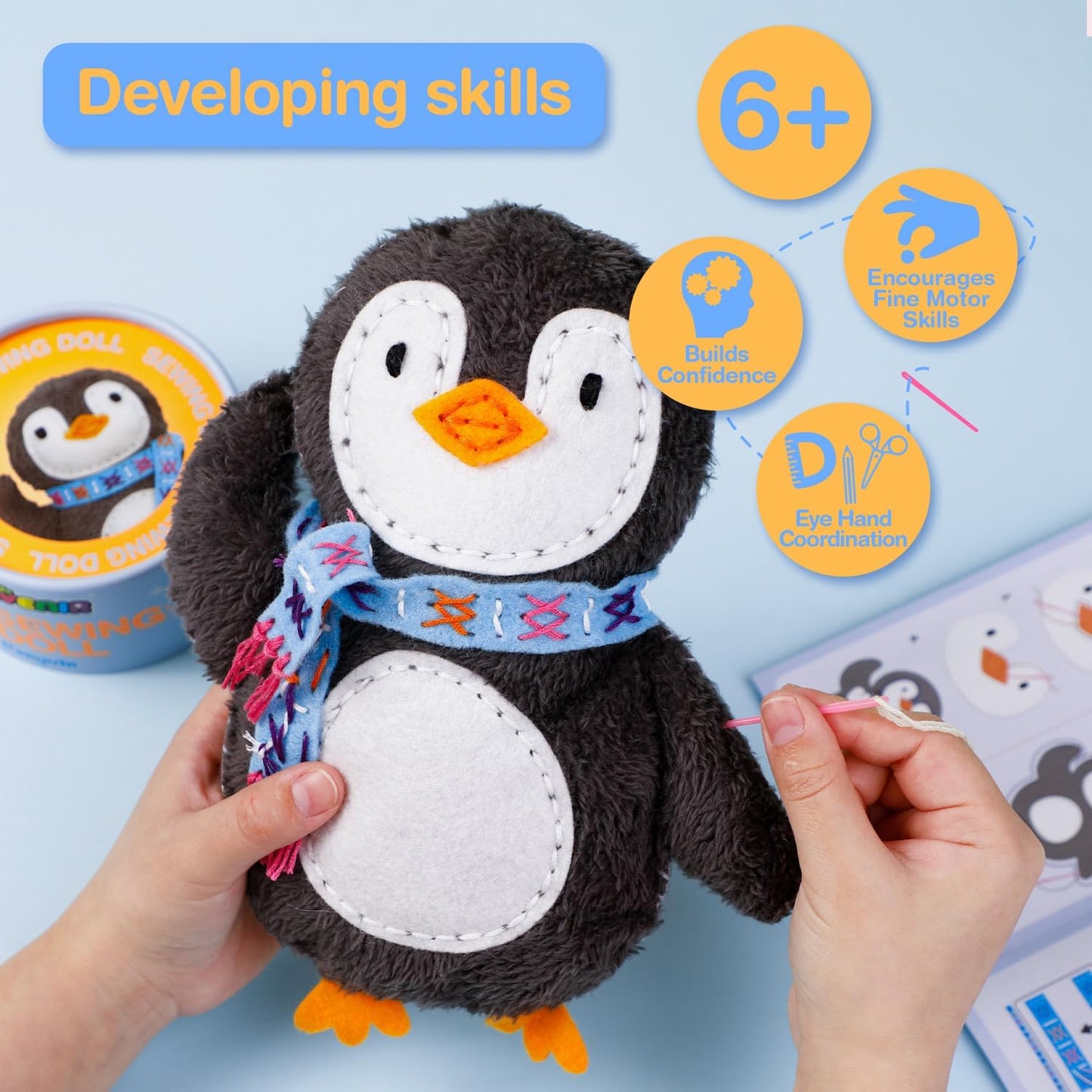 Avenir My First Sewing Kit for Kids Ages 6-8 Beginners | Learn to Sew Stuffed Animal Kit with Premium Plush | Child-Safe Pre-Punched Fabric Tools | Craft Gift for Boys & Girls