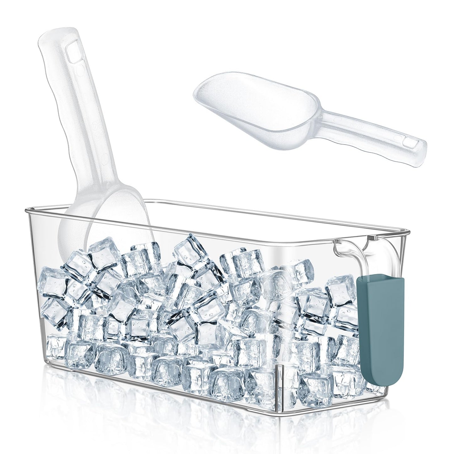 Havawish Ice Bin and Flexible Scoop Set Plastic Freezer Ice Bin with Pull out Handle Storage Bucket Clear for Container with Bucket Scoop(Dark Blue, Clear,10.83 x 4.92 x 4.33 in)