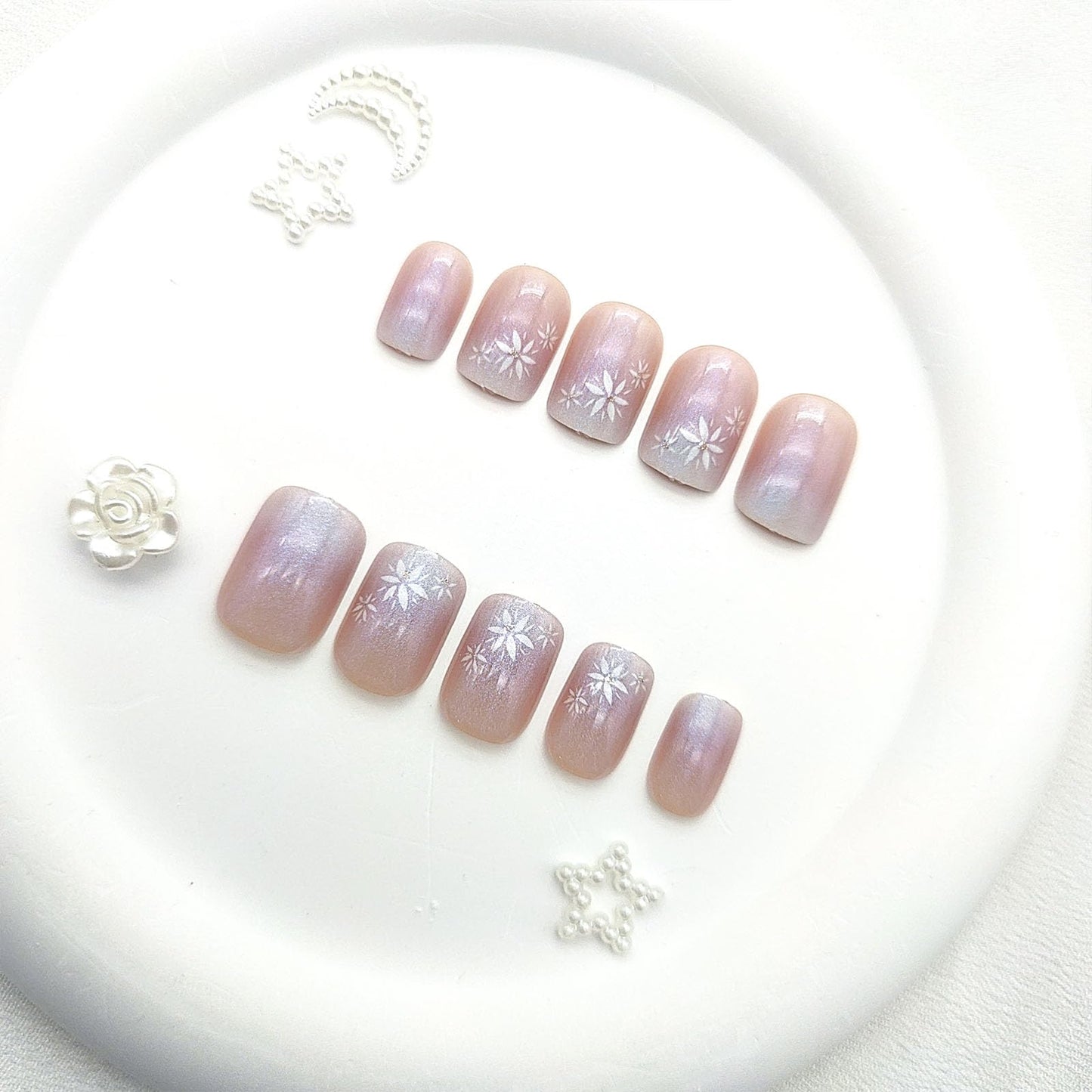 Gradient Press on Nails Short Square Fake Nails with Purple Chrome Flower Designs Nails Press ons White Nude Ombre Glue on Nails Glossy Acrylic Nails Cute Stick on Nails for Women 24Pcs