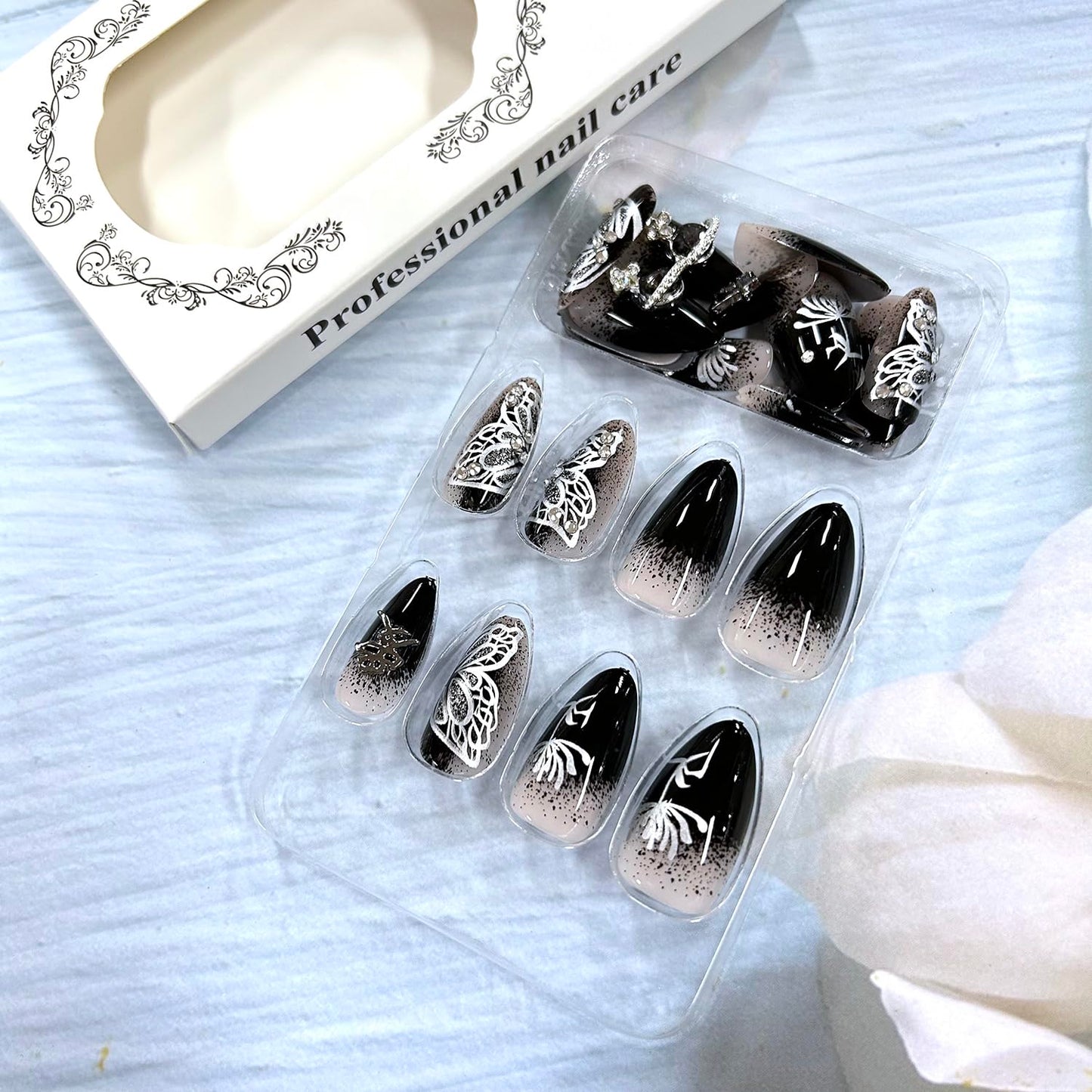 Butterfly Medium Black Gradient Almond Tip Full Cover Coffin Nails - Rhinestones Design, DIY Glue on Nails for Women