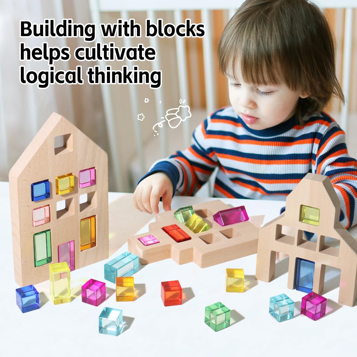 Dinhon 25 Pcs Acrylic Building Blocks with 3 Beech Wood Houses - 17 Cubes + 8 Long Blocks Rainbow Gem Set, Insert & Stack Sensory Toy for 1-5 Years Old Boys Girls, Creative Play Birthday Gift