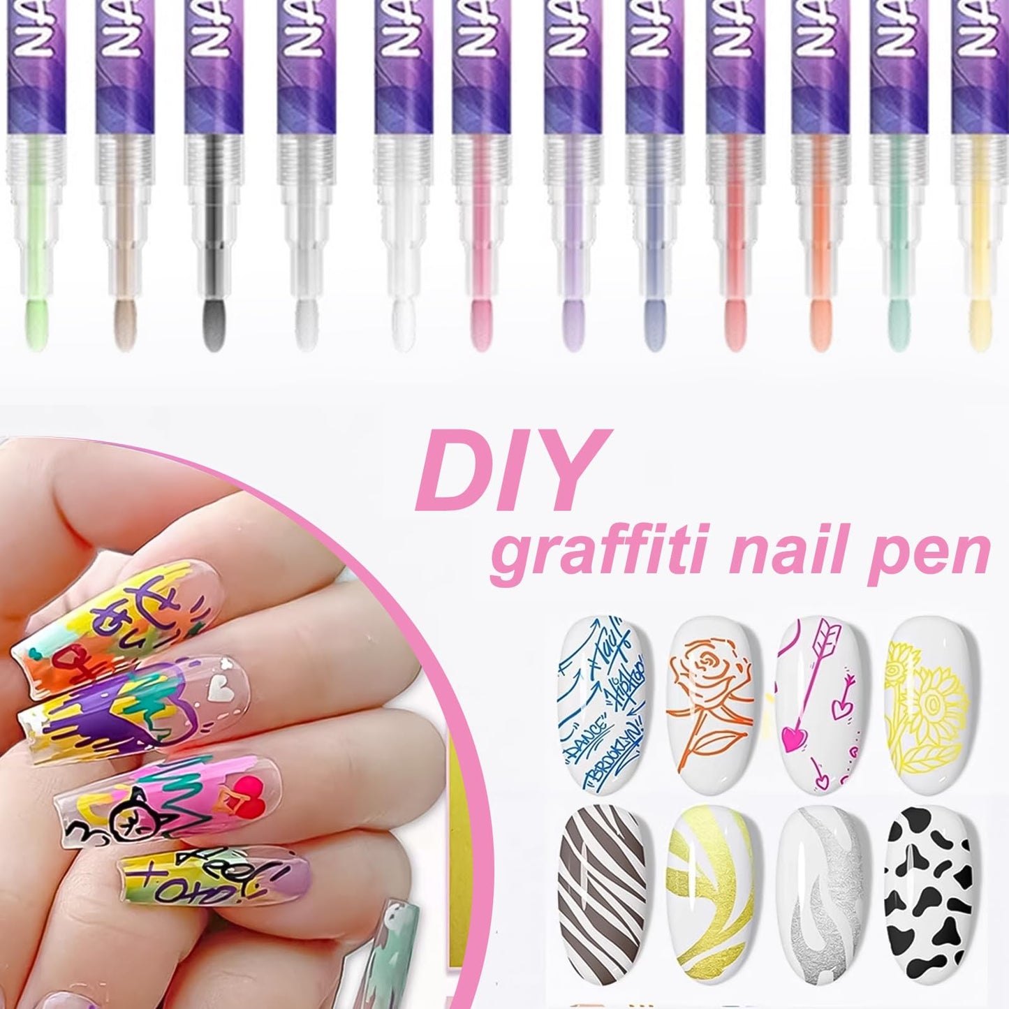 Zisen Bilen Nail Art Marker - 12 Vibrant Colors Nail Polish Markers, Quick Dry Waterproof DIY Nail Pens for Beginners