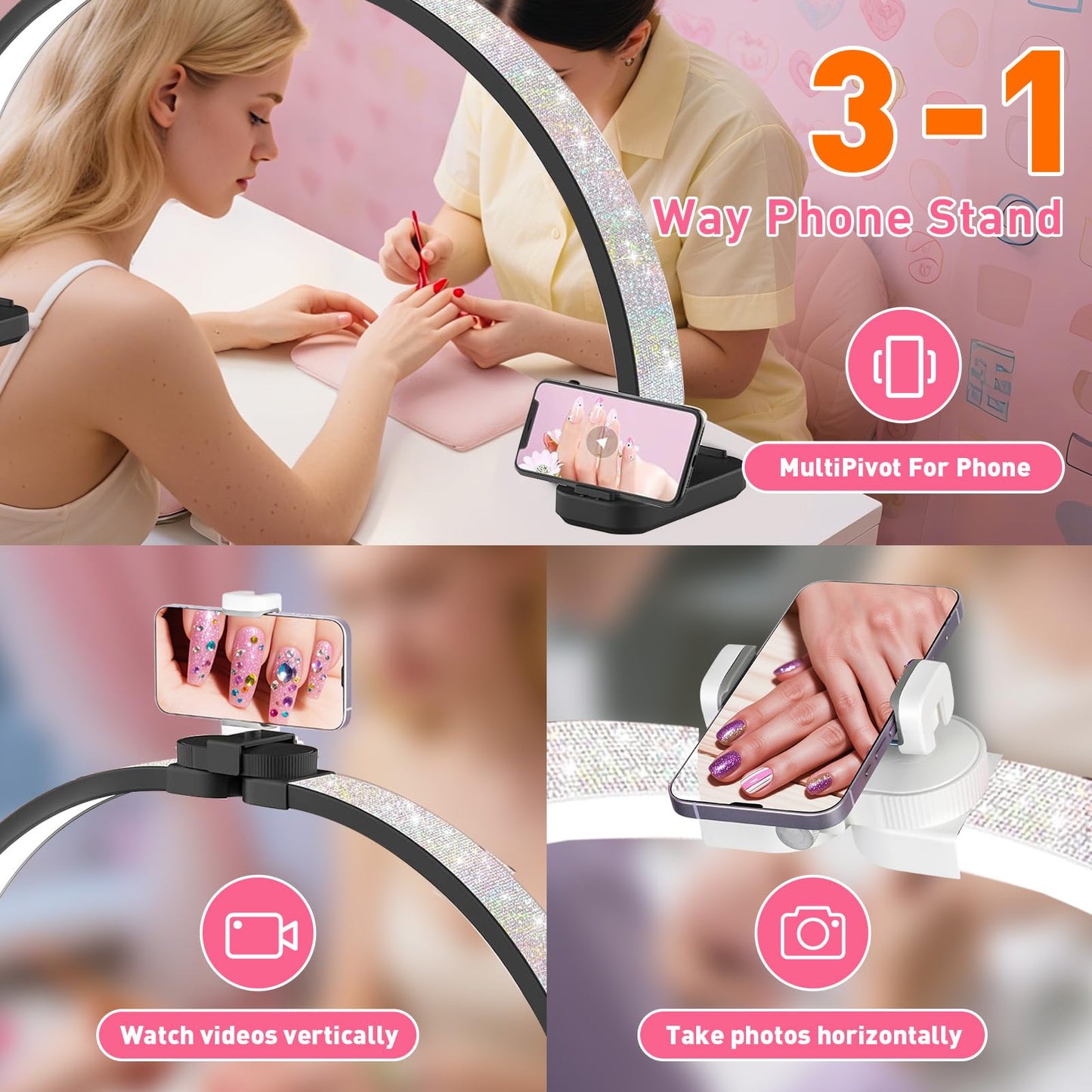HITTI 31in Large Half Moon Light for Nail Desk, Foldable, Phone Stand, LED Adjustable Brightness and Color, 48W, Arch Nail Tech Table Lamp for Manicure, Craft, Art, Jewelry Making (Crystal Diamond)