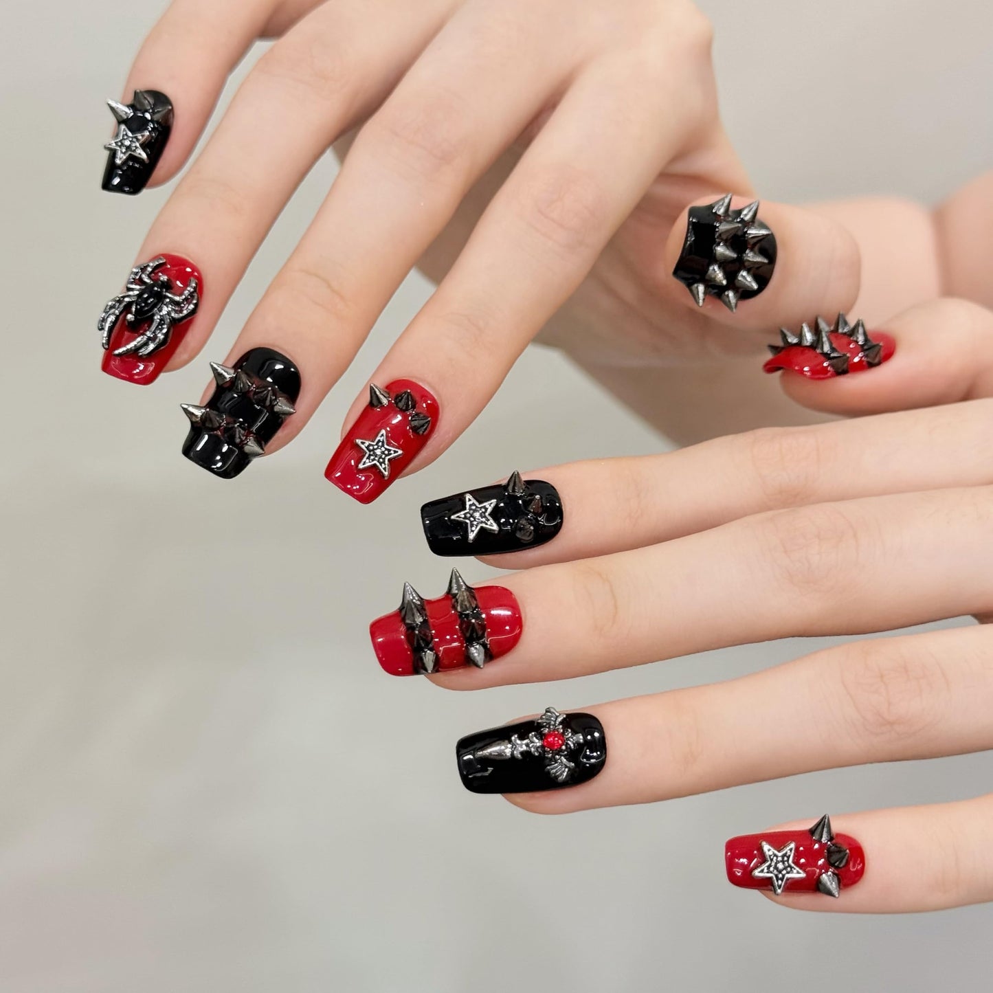 NLSJMP 3D handmade Gel nails press on false nails short square red black rivet y2k star spider cute acrylic Reusable fake nails designed kit,10 Nails Size S #3083