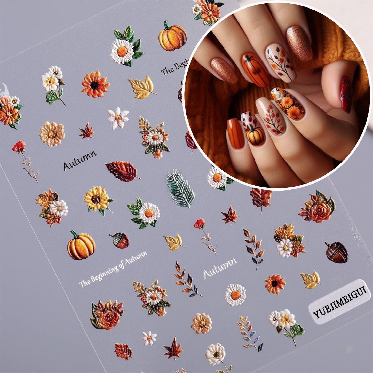 2 Sheets Maple Leaf Nail Art Sticker 5D Embossed Thanksgiving Pumpkin Nail Stickers Pinecone Rose Ginkgo Leaf Design Nail Decals for Women Autumn Manicure Decoration