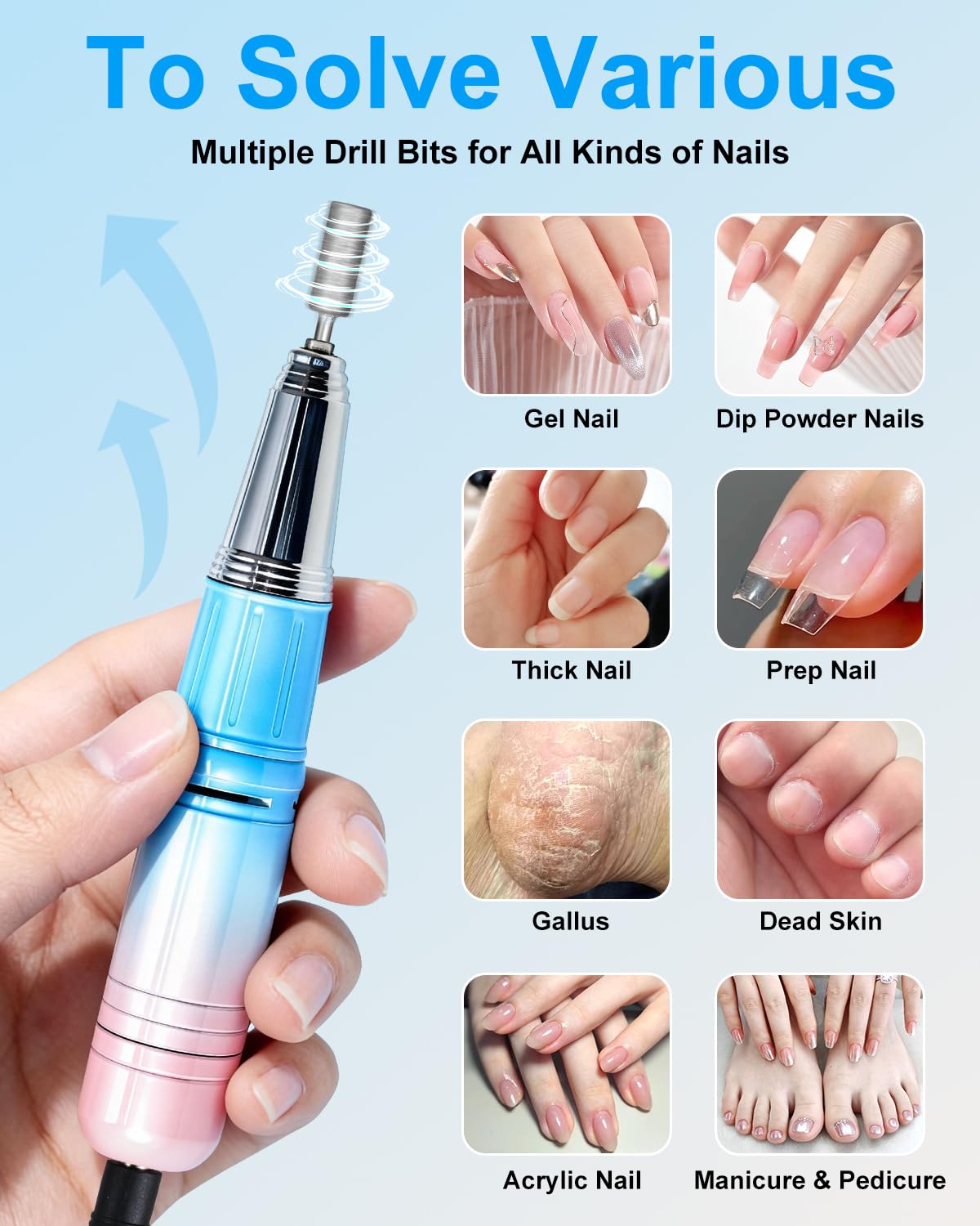 Moskany Professional Electric Nail Drill Kit 45000RPM Gradient Blue Cordless Rechargeable Nail File Machine with Nail Lamp Portable Efile Nails Drill for Acrylic Gel Nails