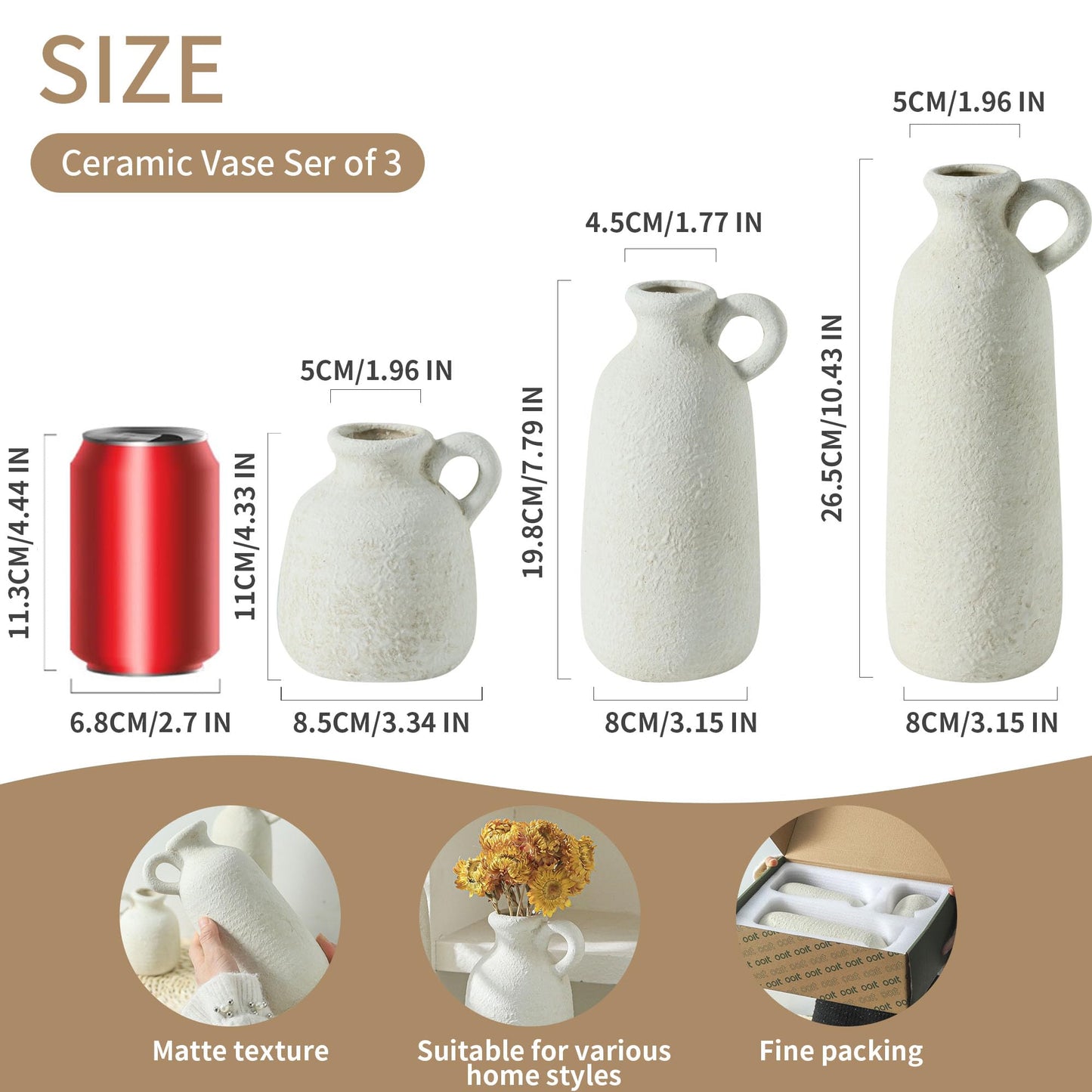 Ceramic Vase Set of 3 with Handle, Neutral Rustic Vases Home Decor Farmhouse Decorative Vase Whitewashed Pottery Decor Modern for Table Mantel Entryway Bookshelf Living Room Kitchen Bedroom - White
