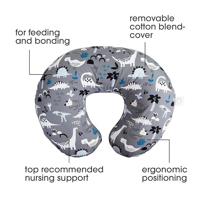Boppy Original Nursing Pillow, Gray Dinosaurs, Ergonomic Nursing Essentials for Bottle and Breastfeeding, Firm Fiber Fill, with Removable Pillow Cover, Machine Washable
