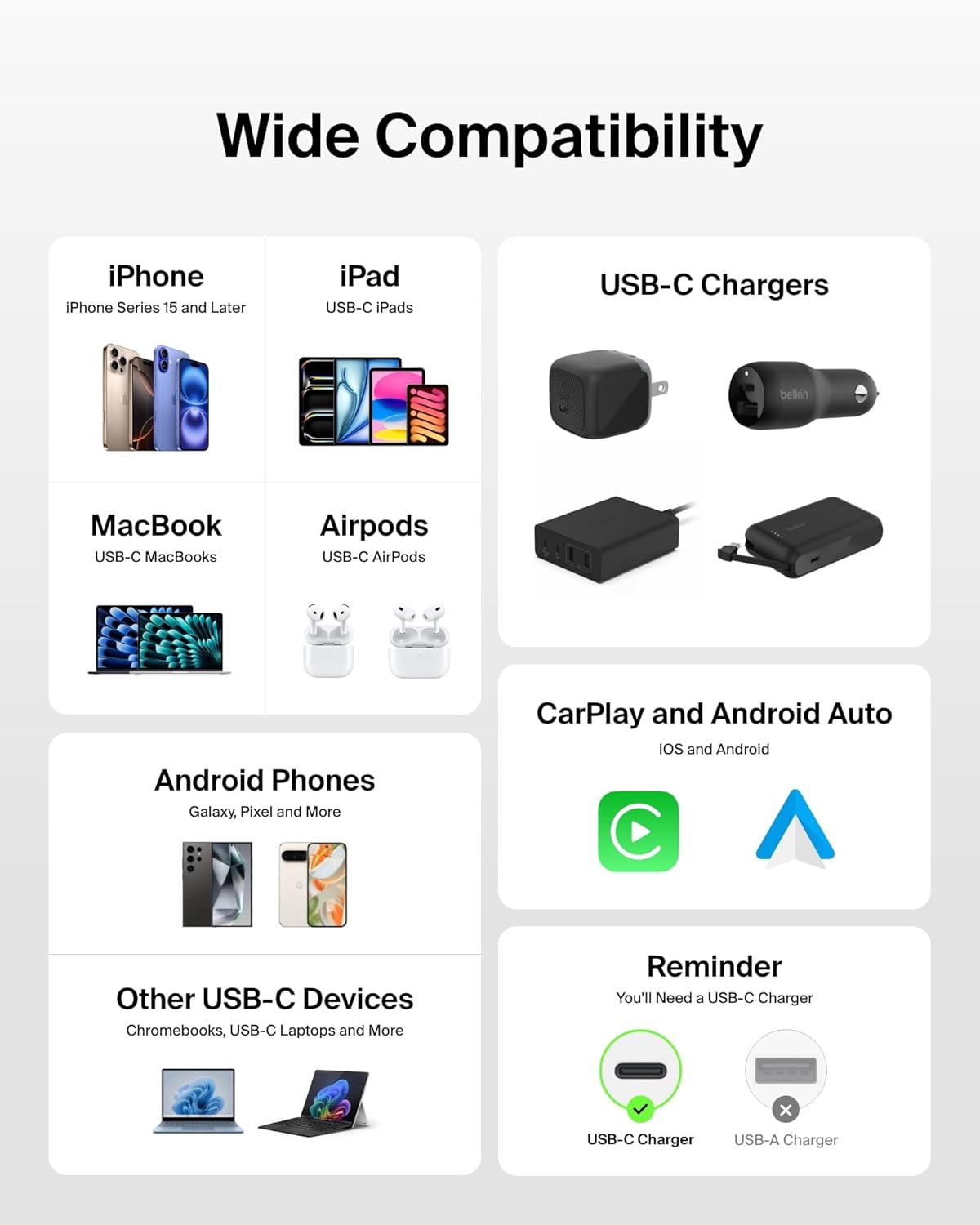 Belkin USB C to USB C Cable 2-Pack, 6.6ft, 60W - Type C Charger, iPhone Charger Cord, Soft, Braided, Flexible for iPhone 16, Galaxy S25, Pixel 9, Airpods, iPad Pro & More, Travel Essentials - White