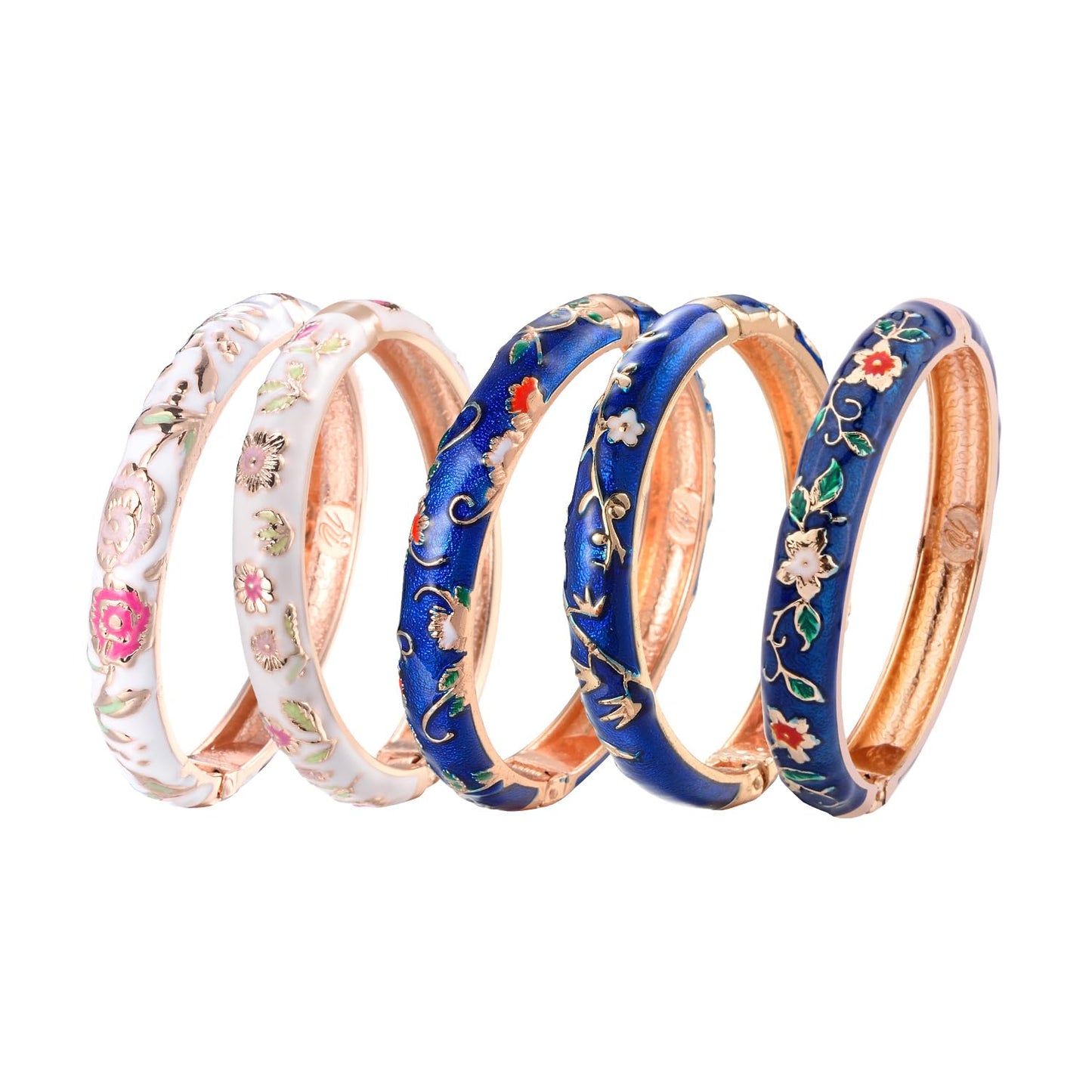 UJOY Bangles 5 Pcs Enamel Jewelry Set Rose Flower Engraved Cloisonne Bracelets Pack in a Box 5PCS Blue White