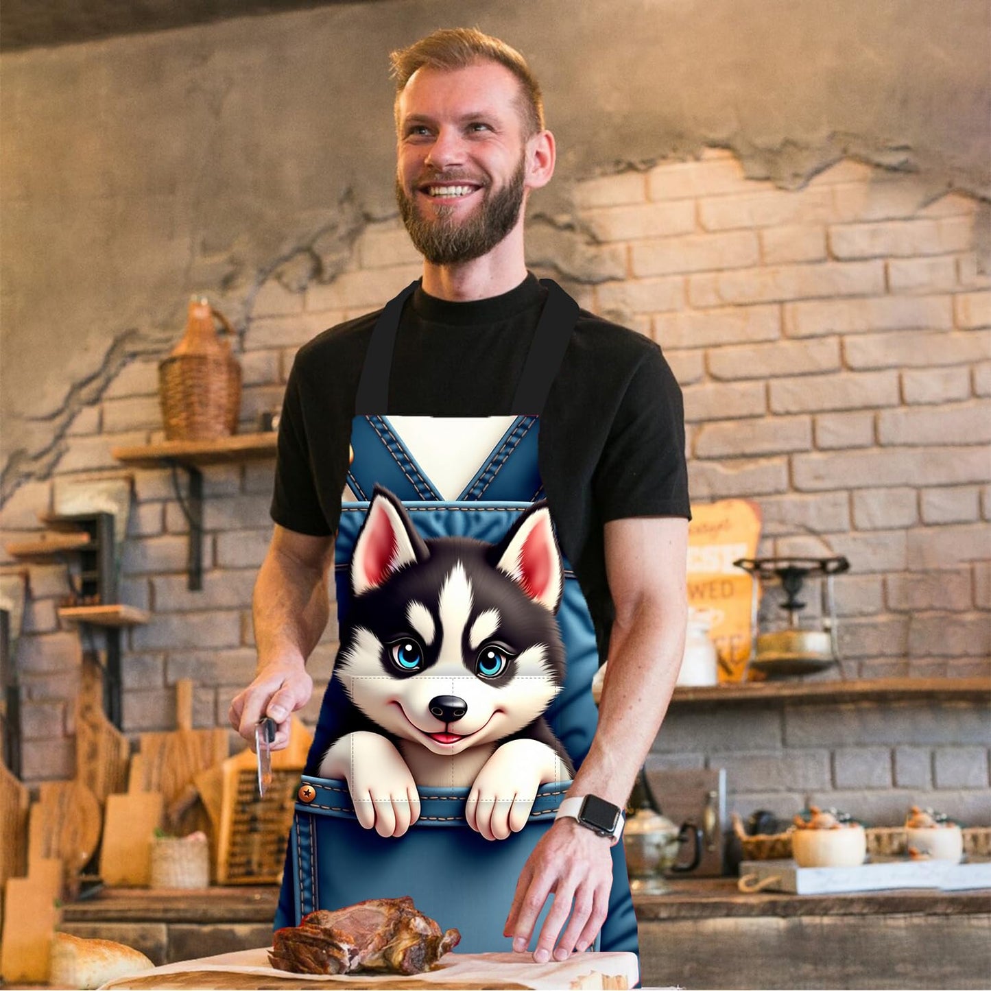 THISFIND Cute Husky Dog in Pocket Apron – Waterproof Adjustable Bib Apron with Funny Cartoon Puppy Print – Durable Kitchen Apron for Cooking Gardening and Crafts