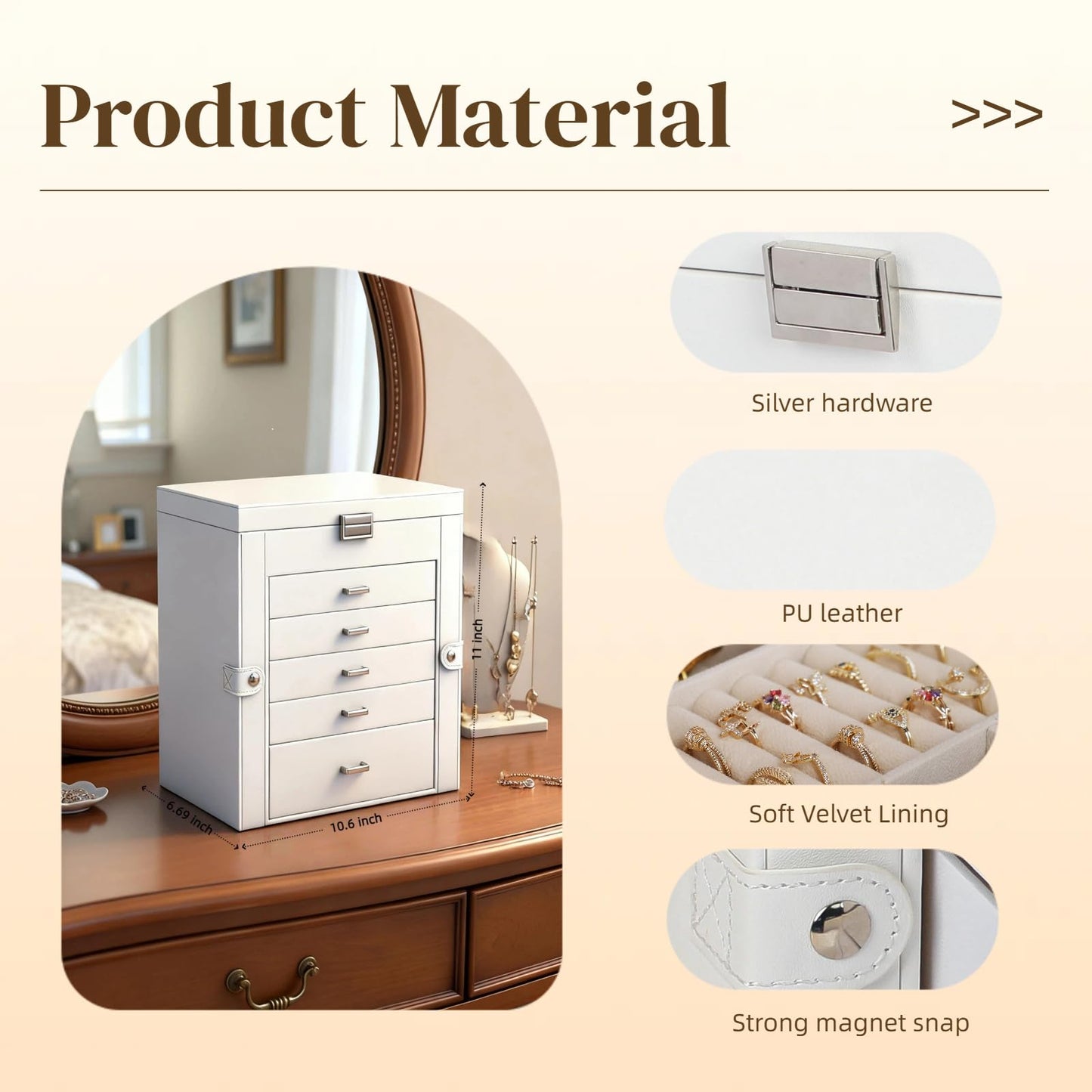 BOOVO Jewelry Box For women, 6 Layer Large Jewelry Organizer With Mirror, Multi-Function Storage Box With Lock, Necklace Holder With 5 Drawers, For Earrings Necklace Bracelet (Silver and White)