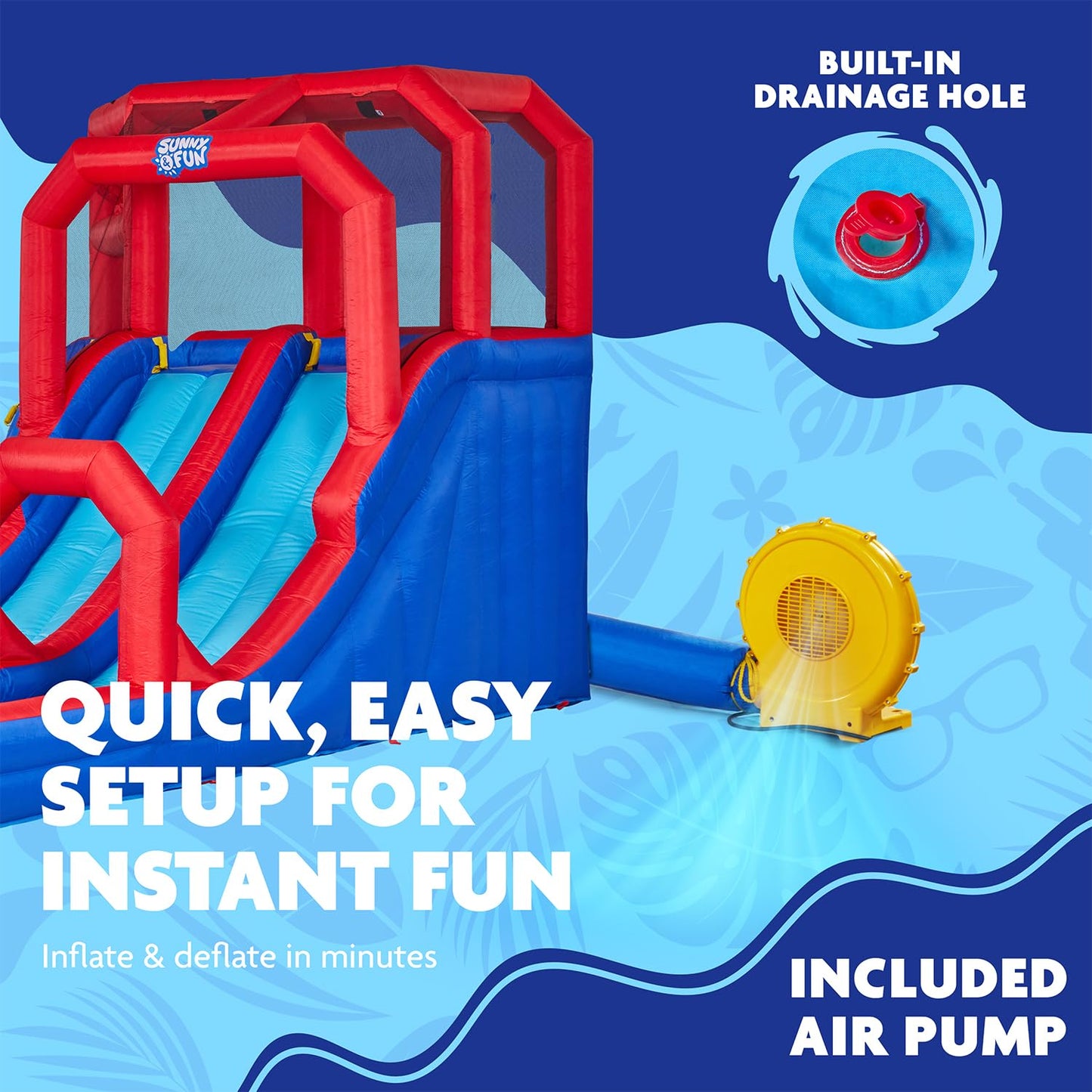 Sunny & Fun Mega Climb N’ Go Inflatable Water Slide Park – Heavy-Duty for Outdoor Fun - Climbing Wall, 2 Slides & Deep Splash Pool – Easy to Set Up & Inflate with Included Air Pump & Carrying Case