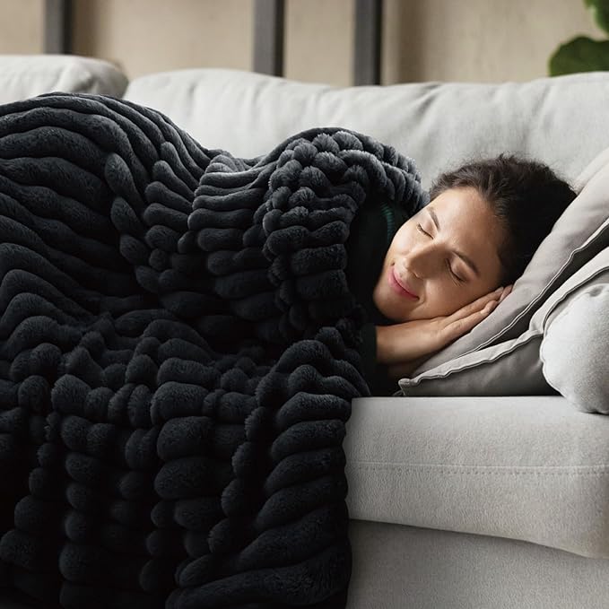 INFIIXSO Sherpa Throw Blanket for Couch - Super Soft & Warm Striped Fleece Blanket, Cozy Plush Fluffy Blanket All Season Use (Black, 50x60 Inches)