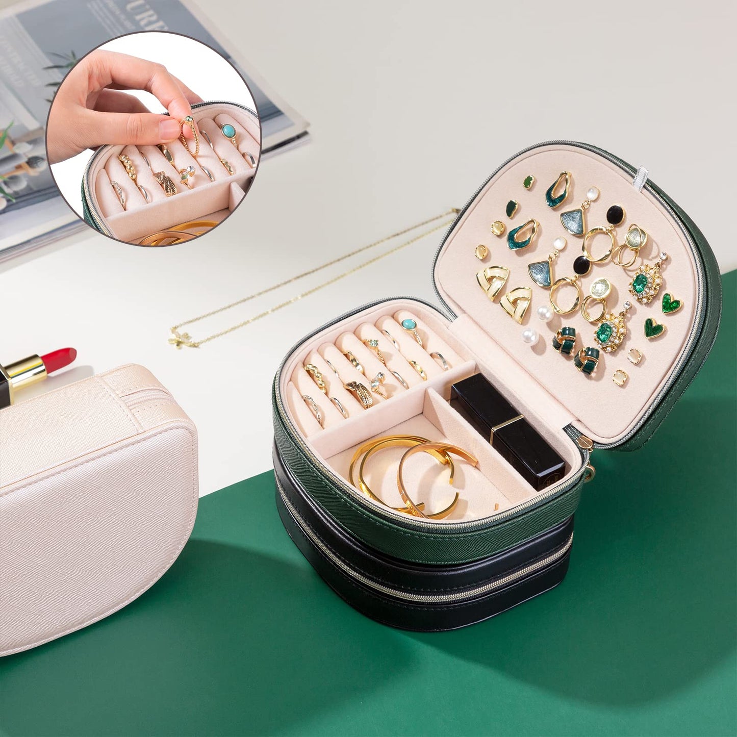 ProCase Travel Size Jewelry Box, Medium Portable Seashell-Shaped Jewelry Case, 2 Layer Jewelry Organizer in PU Leather for Women -Emerald
