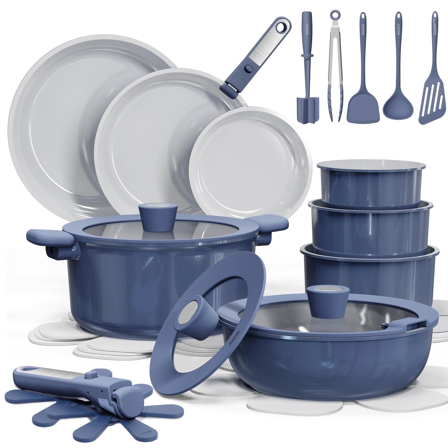 CAROTE 27pcs Ceramic Cookware Set Nonstick, Pots and Pans Set Non Stick, Non Toxic Cookware Detachable Handles, Dishwasher/Oven Safe, RV/Camping Cookware with Kitchen Utensils, Mothers Day Gifts