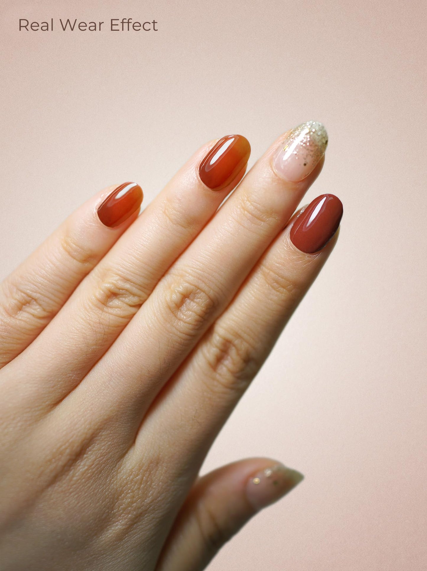 Beaolata Real Gel Nail Strips (No UV Light Needed) - 44Pcs Salon Quality Nail Stickers - Long Lasting Polish Wraps for Women, Easy Apply & Remove (Sunlit Amber Brown)