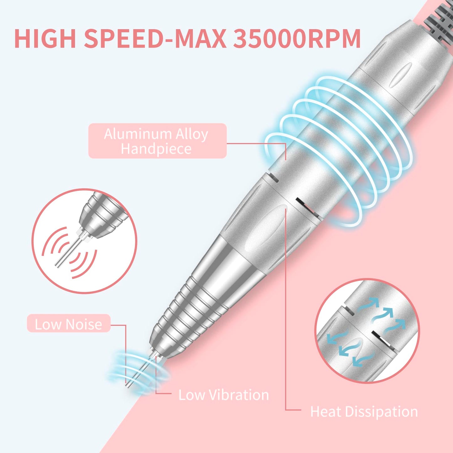 MOCOWIND Portable Nail Drill Professional 35000 RPM, Rechargeable Electric Nail File Machine Cordless E-File for Acrylic Gel Polishing Removing with Bits Kit for Manicure Salon Home, Pink