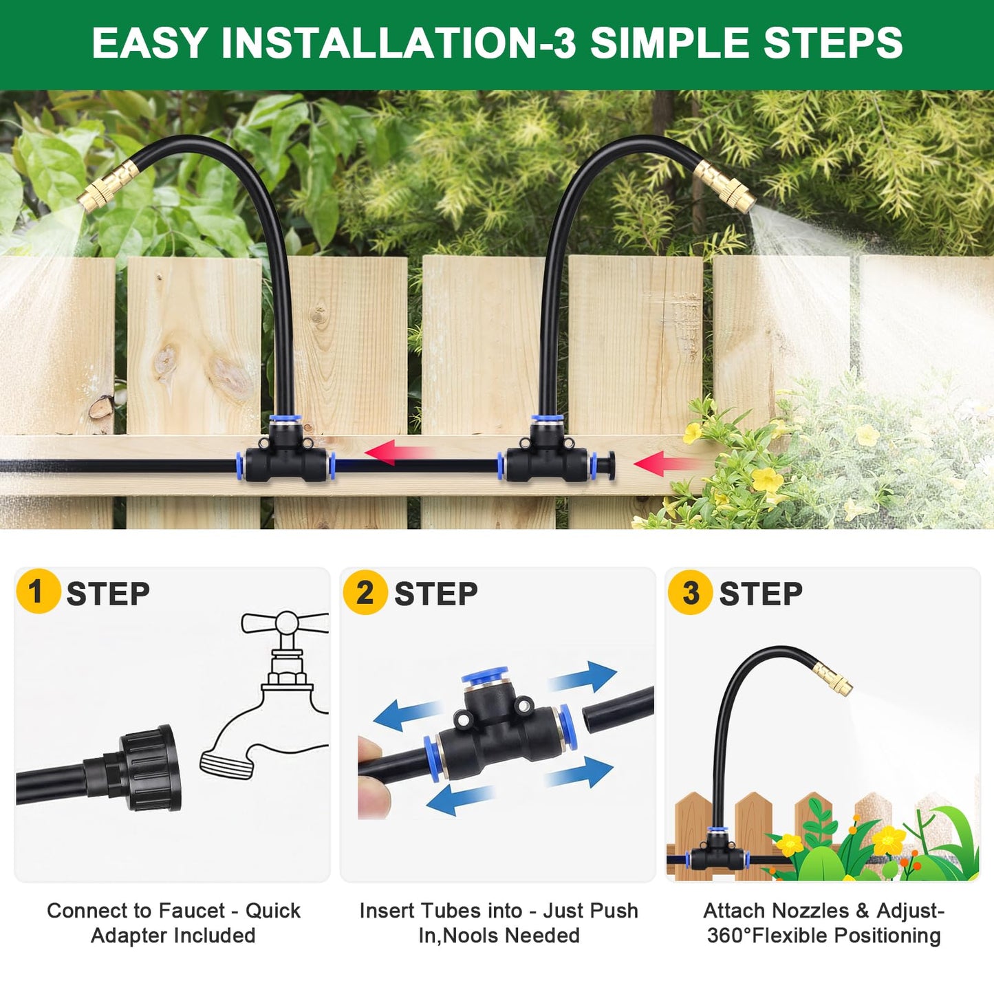 Starrey Drip Irrigation System, 2026-Upgrade 100Ft 1/4" Garden Watering System with 24 Pcs 360° Adjustable Copper Nozzles, DIY Kit for Garden, Lawn, Greenhouse, Raised Beds & Outdoor Plants
