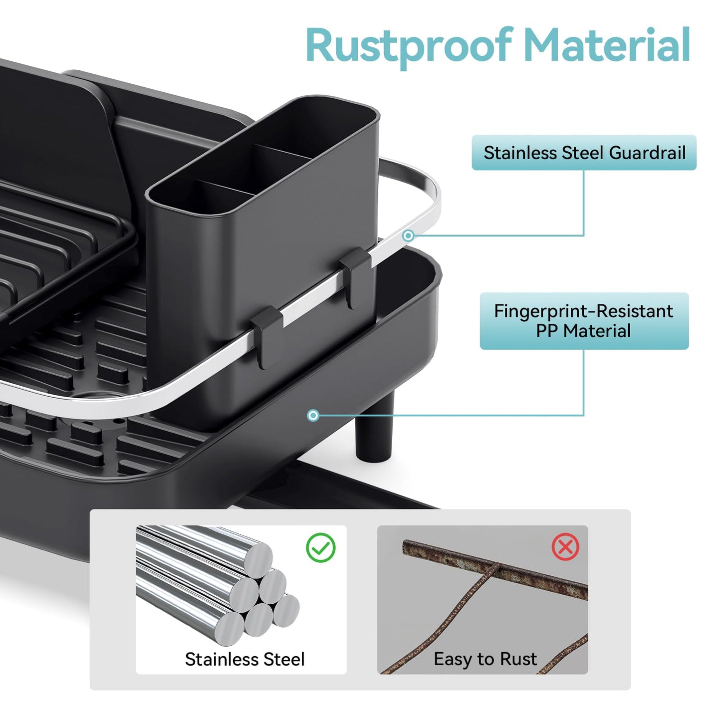 Urackify Expandable Dish Rack for Kitchen Counter,16.14"-23.62" Large Stainless Steel Dish Drying Rack with Adjustable Water Spout, Space Saving Dish Drainer with Auto Draining Cutlery Holder,Black