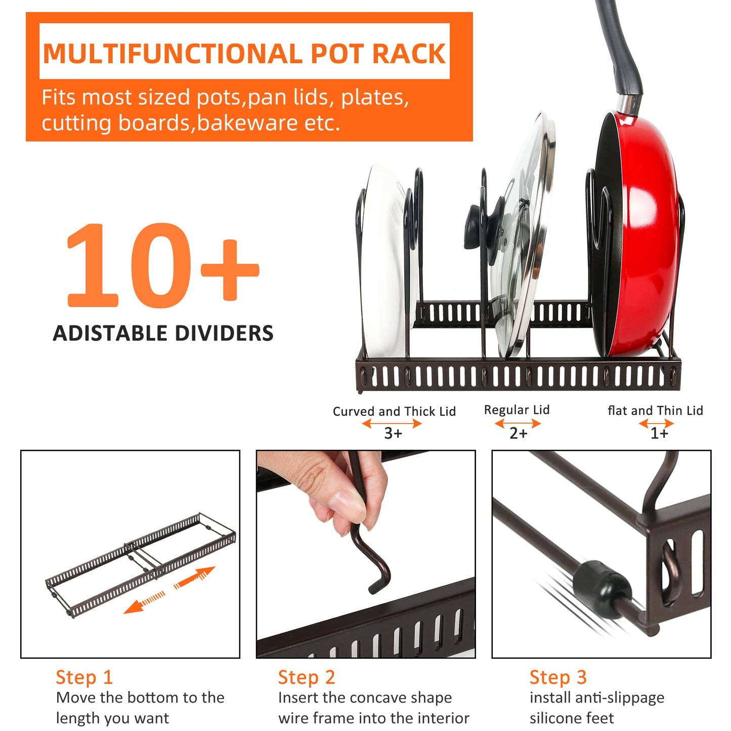 Pot Rack Organizer -Expandable Pot and Pan Organizer for Cabinet,Pot Lid Organizer Holder with 10 Adjustable Compartment for Kitchen Cabinet Cookware Baking Frying Rack,Bronze