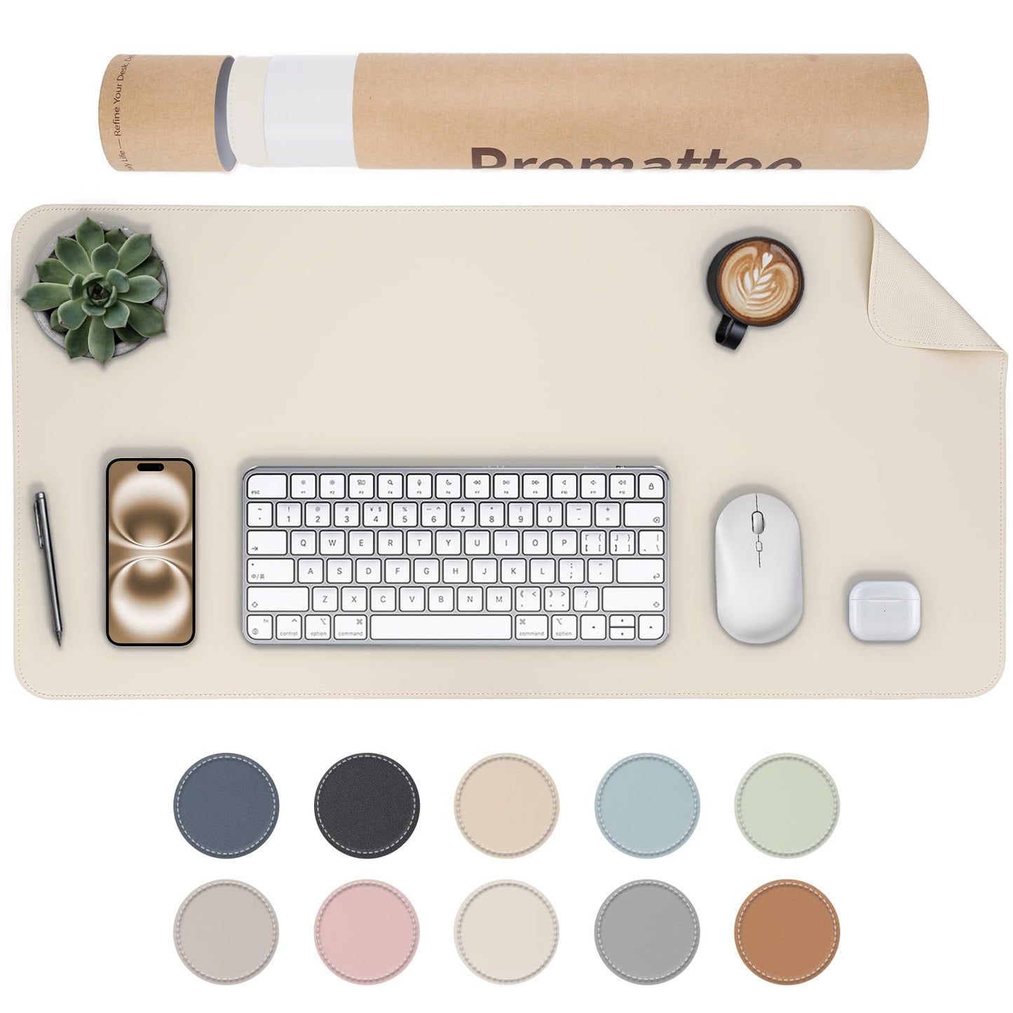 PROMATTOO Oversized Non-Slip Desk Pad Protector with Premium Gift Box – Vegan Leather Waterproof Laptop Mat for Keyboard & Mouse, Grips Desk Firmly – Large Office Pad– Creamy White