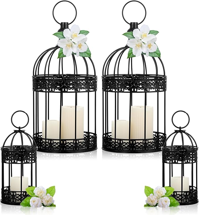 Sliner Decorative Vintage Bird Cage Lanterns Metal Centerpiece,Black