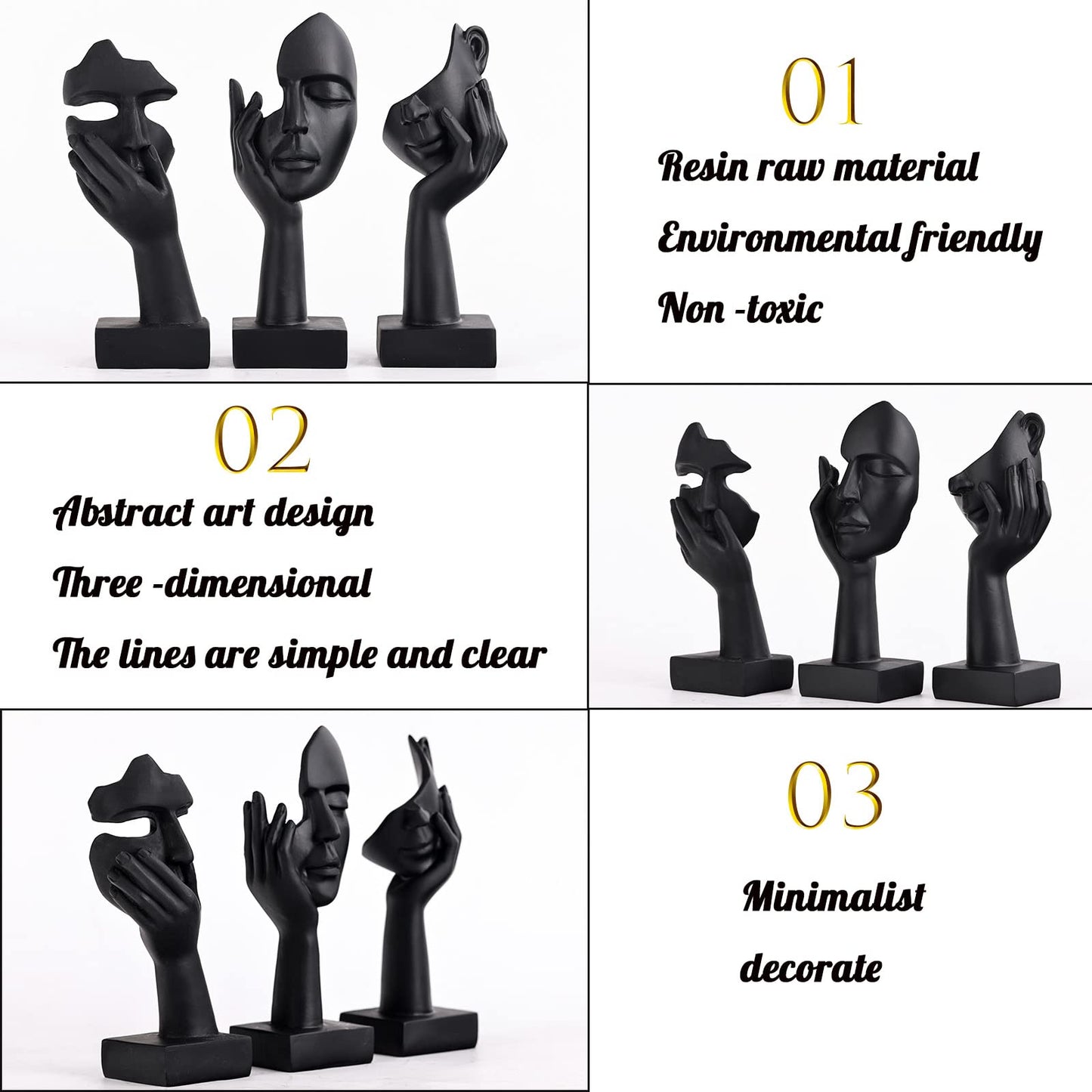 oliruim 3 Pcs Thinker Small Statue Set - Black Art Abstract Home Accent Figurines for Decor Bedroom, Shelves, Living Room Coffee Table, Office Desktop (3 Pcs Black, 6")