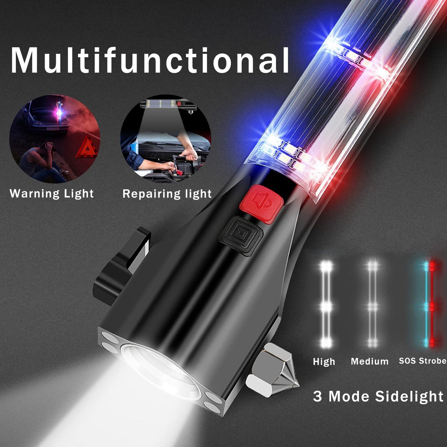 MOTORBUDDY All-in-1 Car Safety Hammer, Multi-Function Emergency Escape Hammer with Window Breaker and Seatbelt Cutter, Mobile Power, LED Flashlight, Alarm Rescue, Strobe SOS Beacon