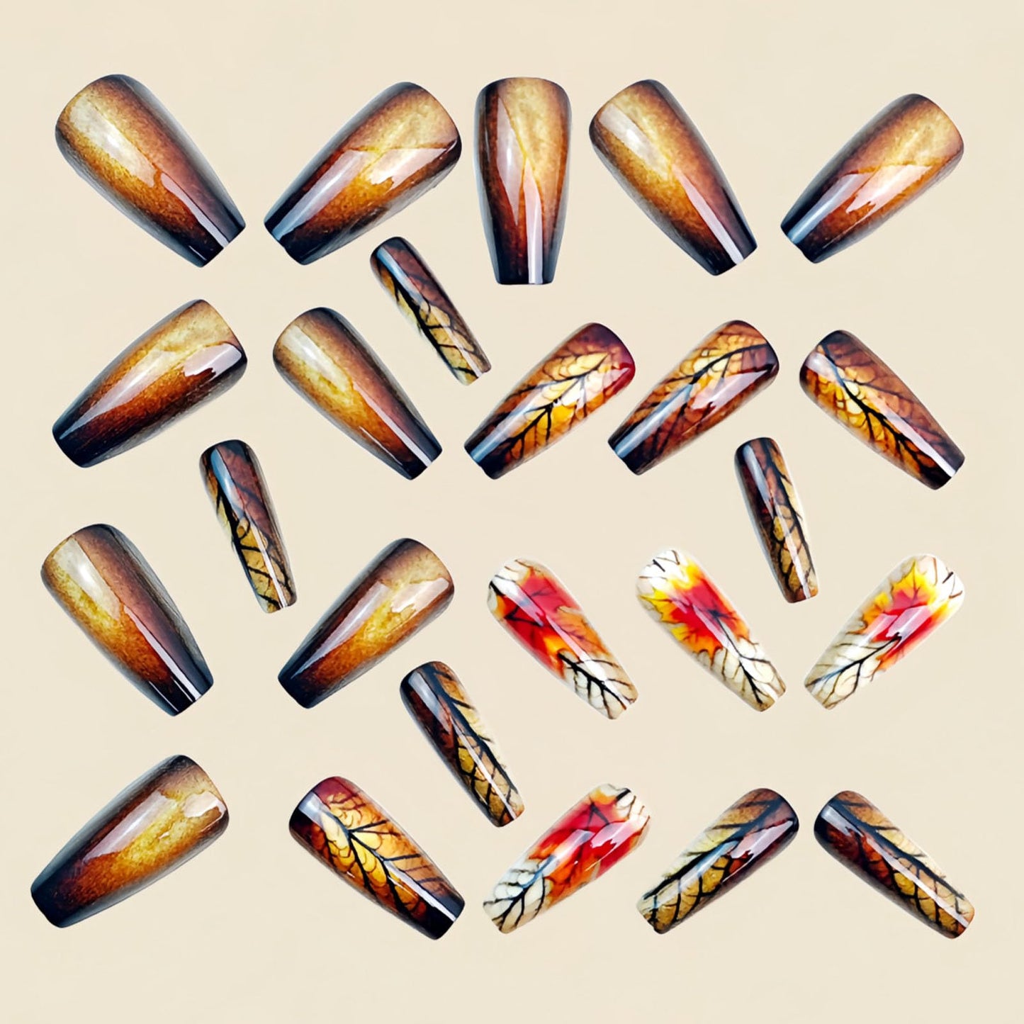Fall Press on Nails Medium Coffin Fake Nails with Maple Leaves Designs Glossy Glue on Nails Brown Gradient Nails Press ons Autumn Acrylic Artificial Stick on Nails for Women 24Pcs