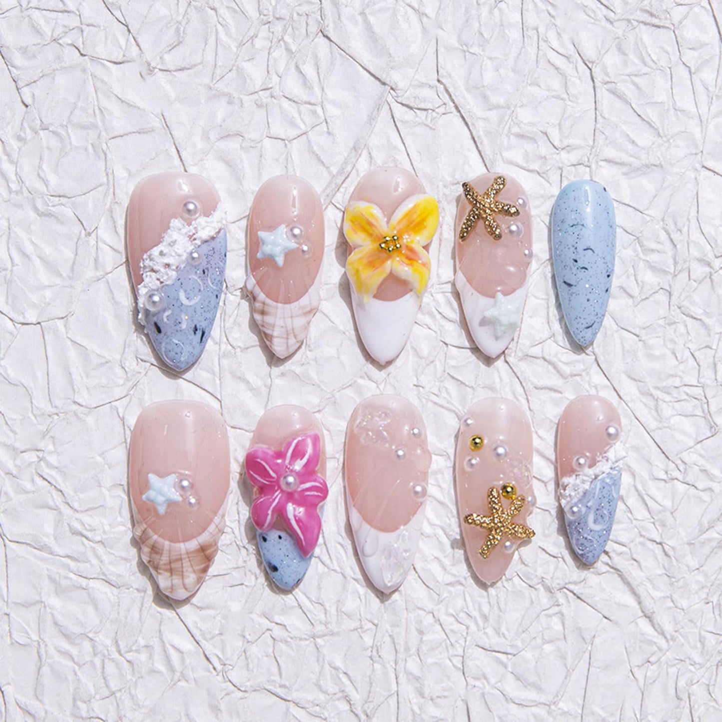 Handmade Press on Nails Medium Almond Nails with Glue,Shell French Tip Fake Nails with 3D Floral Design Ocean Nails Press ons Nude Pink False Nails Muti-Layer Gel Acrylic Nails for Women (Size S)