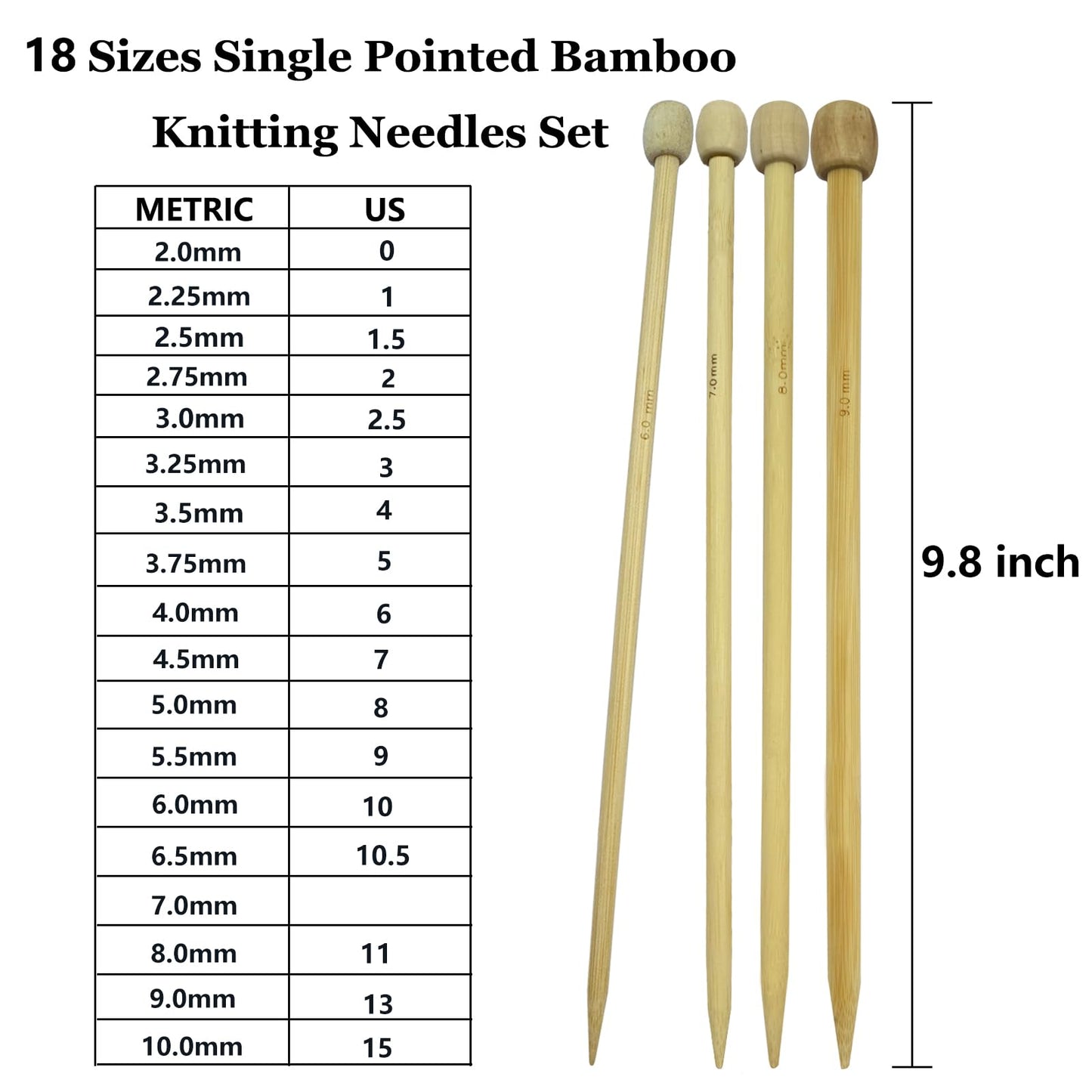 Hobekoee Knitting Needles Set,36 PCS 9.8" Straight Single Pointed Bamboo Knitting Needles ＆ 18 Pairs 31.5” Bamboo Circular Knitting Needles Set with Colorful Plastic Cable,18 Sizes: 2mm-10mm