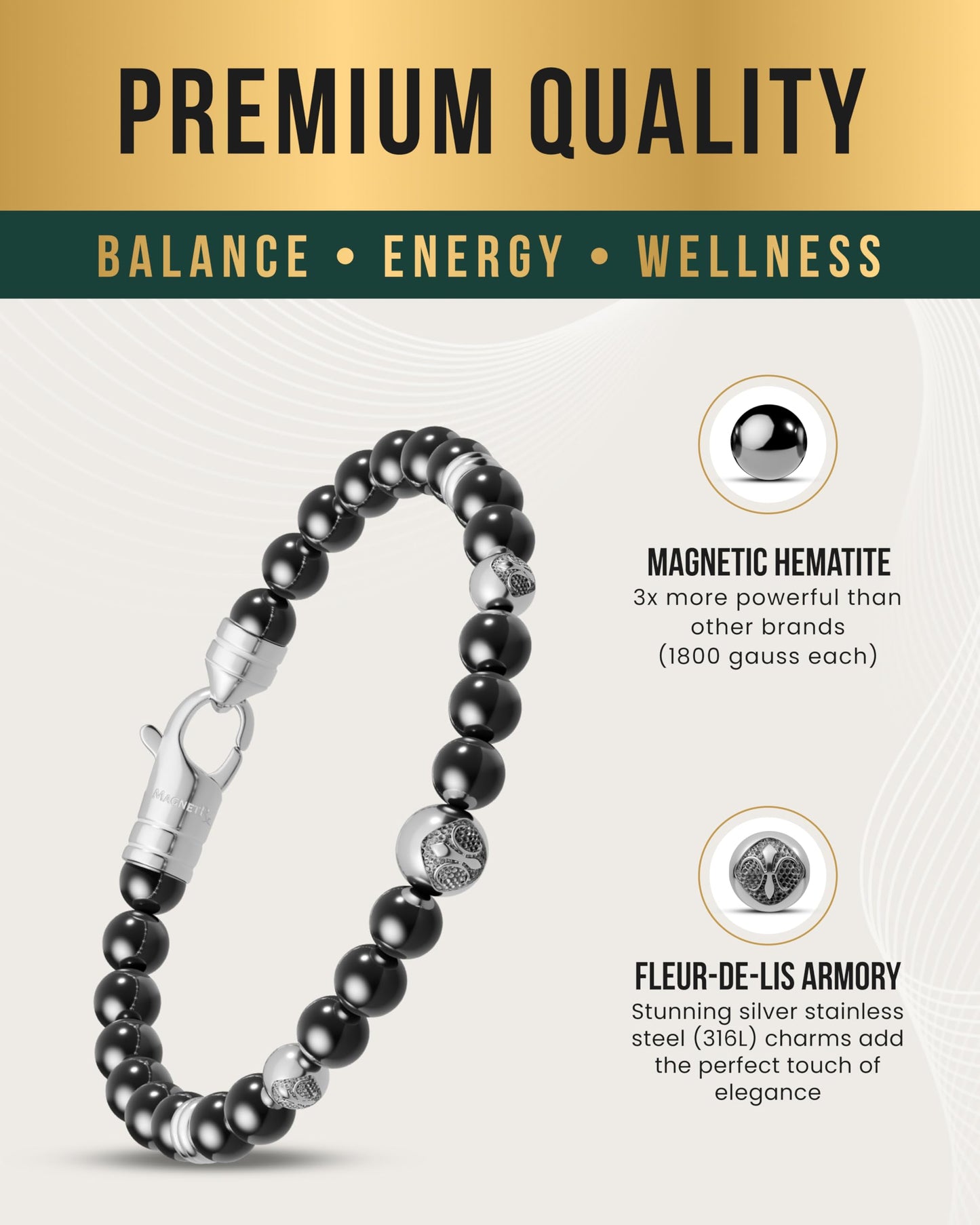 MagnetRX® Hematite Magnetic Bracelet – Max Strength Magnet Stones with Stainless Steel Charms – Elegant Magnetic Hematite Beaded Bracelets for Men (Armory | Medium)