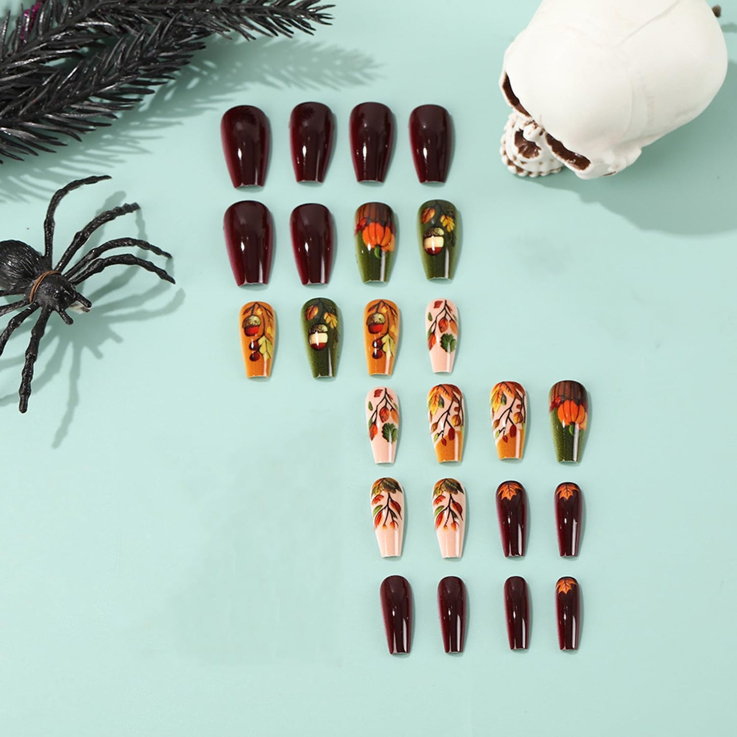Fall Press on Nails Medium Coffin Fake Nail Maple Leaves & Pumpkin Acrylic False Nails for Women Full Cover Glossy Glue on Nails Reusable Autumn Stick on Nails 24Pcs