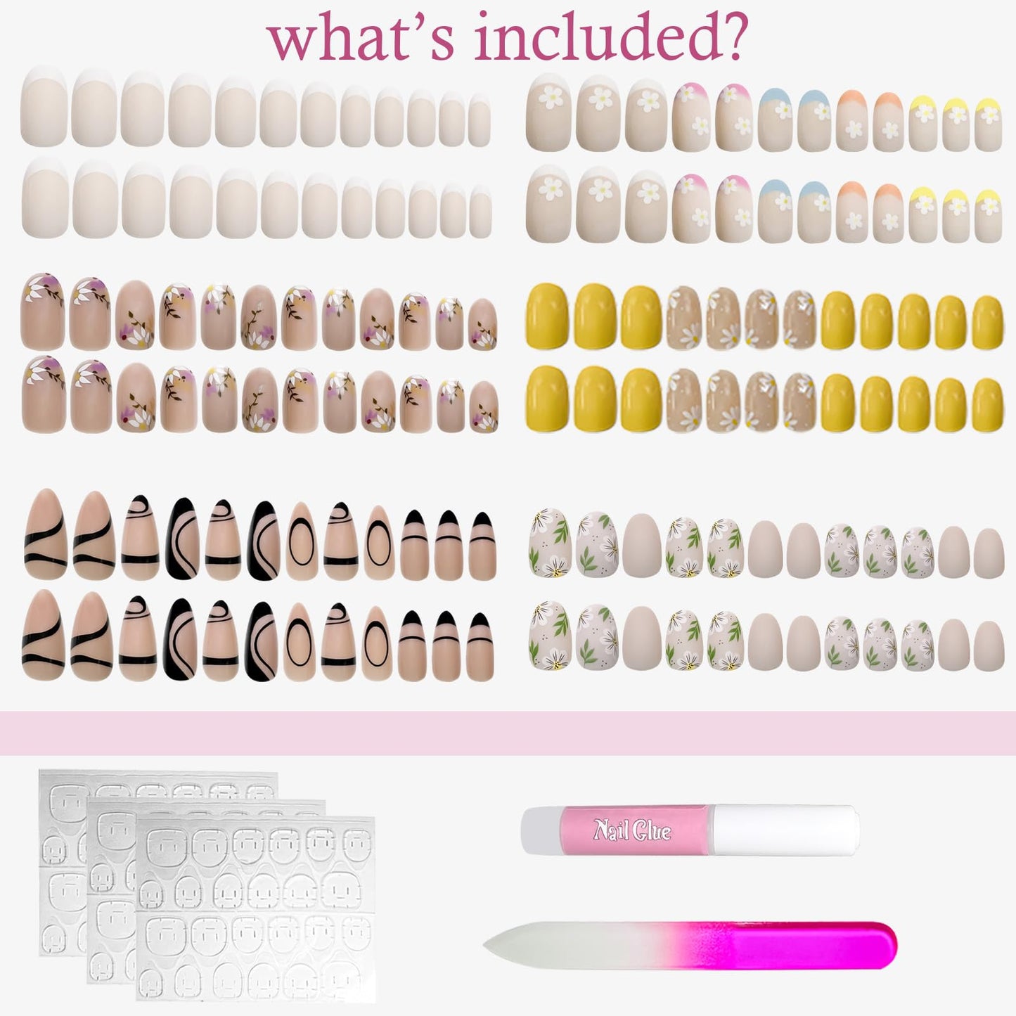 Jsiallye 6 Packs Press on Nails Short,Flower French Press on Nails Almond And Oval,Glue on Nails in 12 Sizes - 24 Fake Nails Kit, Stick on Nails for Women