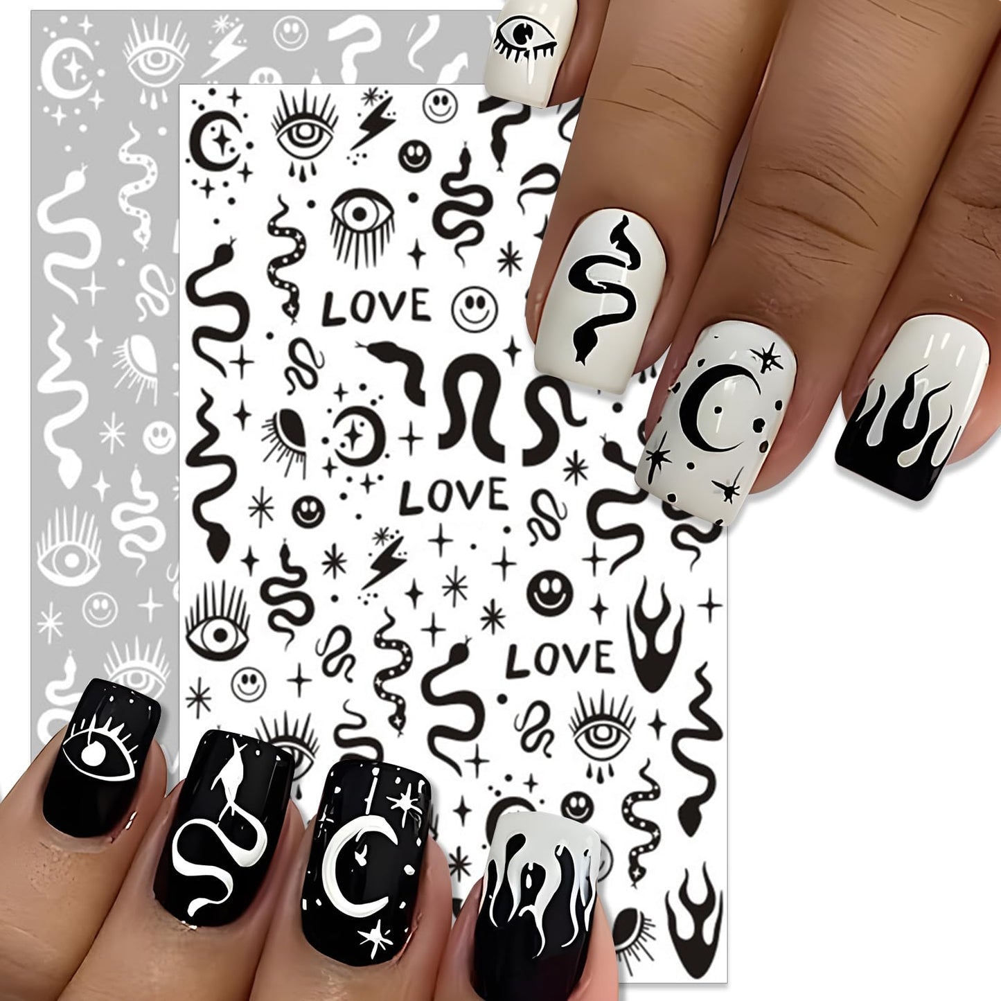 IDDFEVE Gothic Nail Art Stickers - Black & White Moon Star Snake Fire Self-Adhesive 3D Nail Decals for DIY Halloween Punk Manicure (6 Sheets)