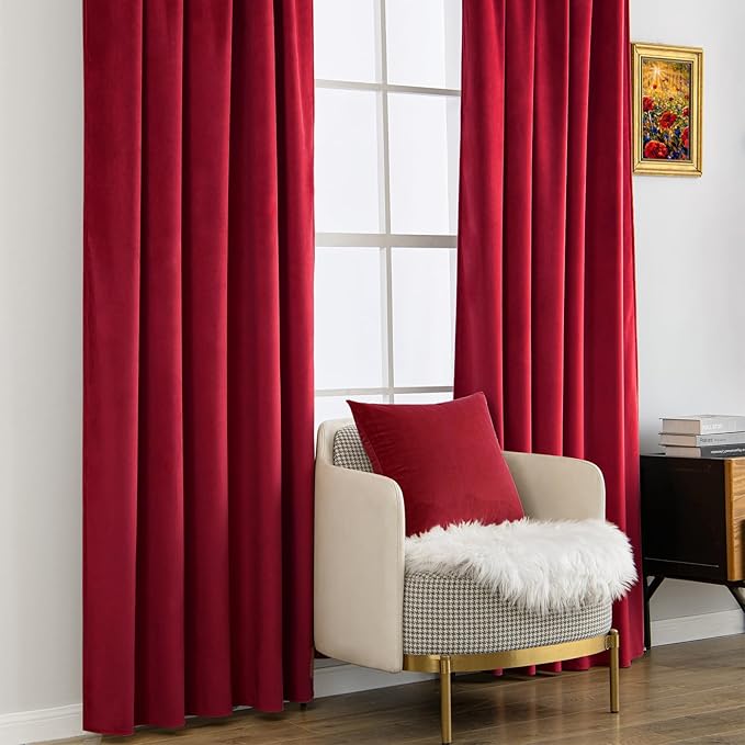 MIULEE Velvet Curtains 84 inches - Luxury Blackout Curtains for Bedroom Living Room Thermal Insulated Super Soft Window Drapes Rod Pocket & Back Tab Christmas Decor, Red, W52 x L84 inches, 2 Panels
