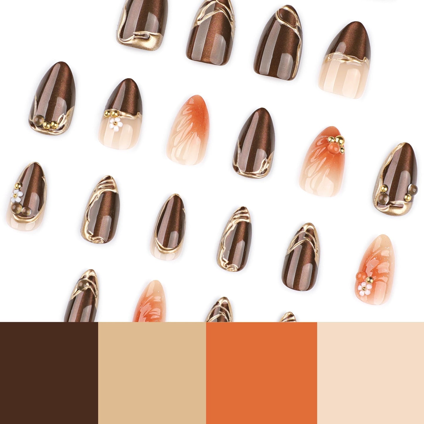 plalely Almond Press on Nails Short Brown Fake Nail Gold Embossed Acrylic Nail Press ons Daisy Charm Stick on Nail for Women 24pcs