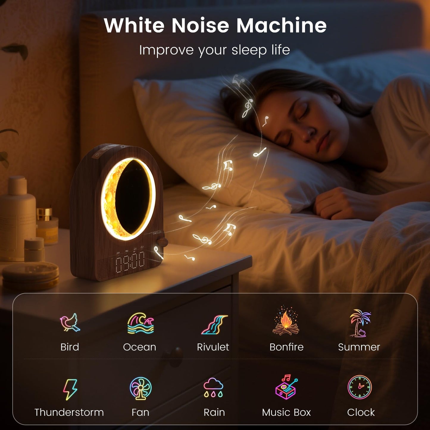 Epochleno Sunrise Alarm Clock, White Noise Machine & Meteor Moonlight - 10 Soothing Sounds, Dual Alarms, 30/60/90min Timer, Easy Snooze - Bedroom Gift for Insomnia Adults/Women - Walnut