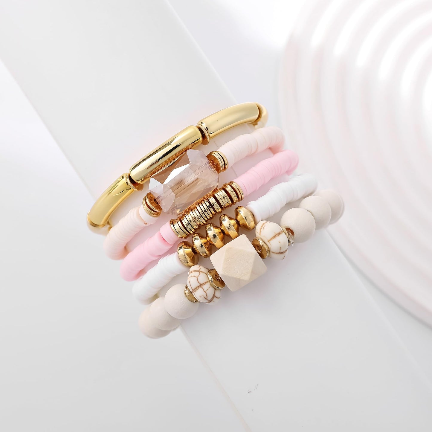 GOOJIDS Simple Beaded Gold Plated Bangles Bracelet Chunky Bamboo Tube Curved Stacking Clear Acrylic Colorful Beads Stretchable Gold Plated Bracelets Set For Women