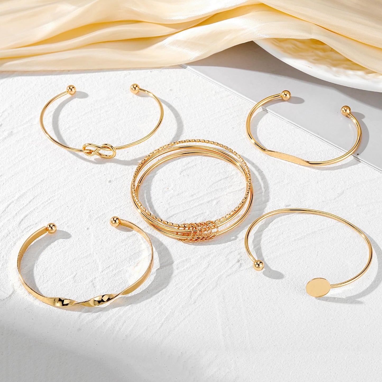 IFKM Gold Bangles Bracelets For Women, 14k Gold Plated Multi Layer Stackable Cuff Bracelet Set, Trendy Elegance Charms Non Tarnish Minimalist Textured Boho Jewelry Gift for Women
