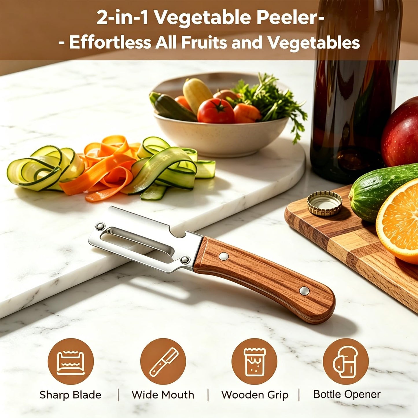 2-in-1 Multifunctional Vegetable Peeler, Premium Vegetable Peeler with Wooden Handle and Bottle Opener, Kitchen Tool for Fruit Apple Potato Pumpkin Papaya (2PCS)