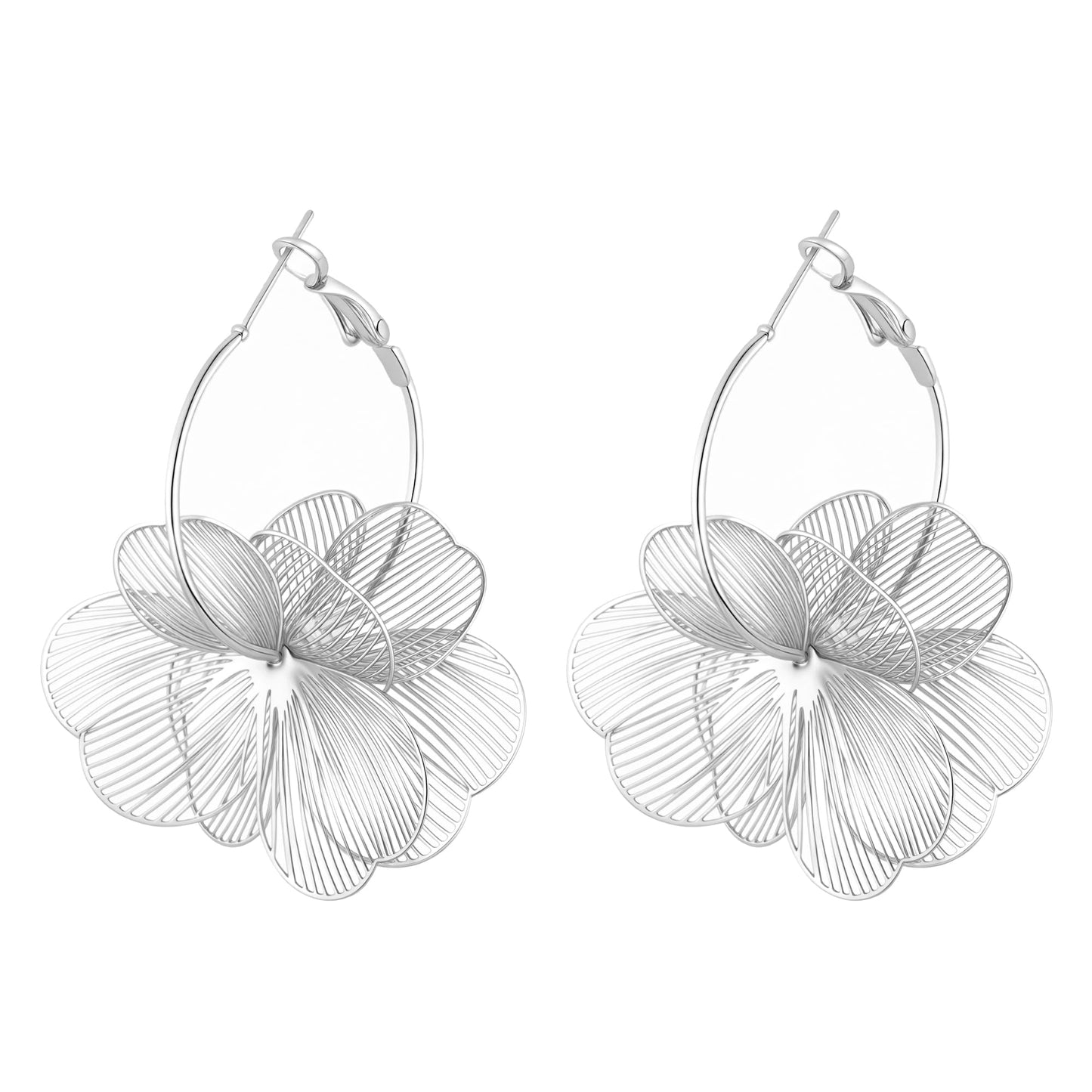 Dangle Flower Earrings for Women Statement Trendy Hoop Earring Floral Drop Earrings Jewelry (Silver)